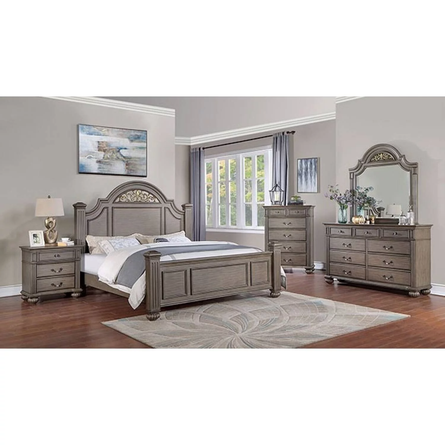 Majestic Formal Bedroom 1pc California King Size Bed Gray Solid wood Furniture Posts Headboard FB Floral Pattern