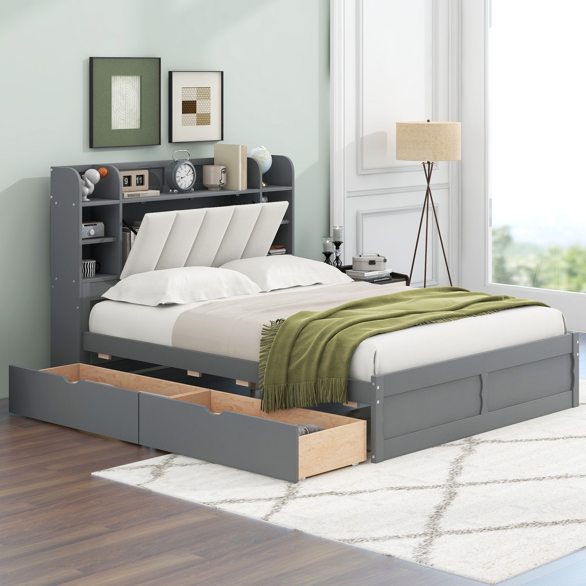 Queen Size Solid Wood Bed Frame with Storage Headboard, Shelves and 2 Drawers, Platform Bed Frame, Mid Century Bedframe, Wood Foundation(Gray, Queen)