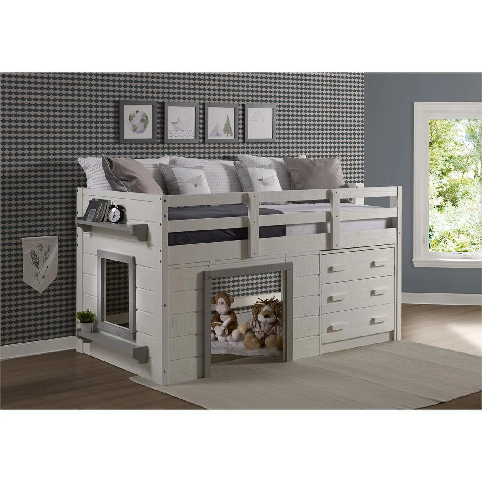Rosebery Kids Twin Solid Wood Low Loft Bed in White and Gray