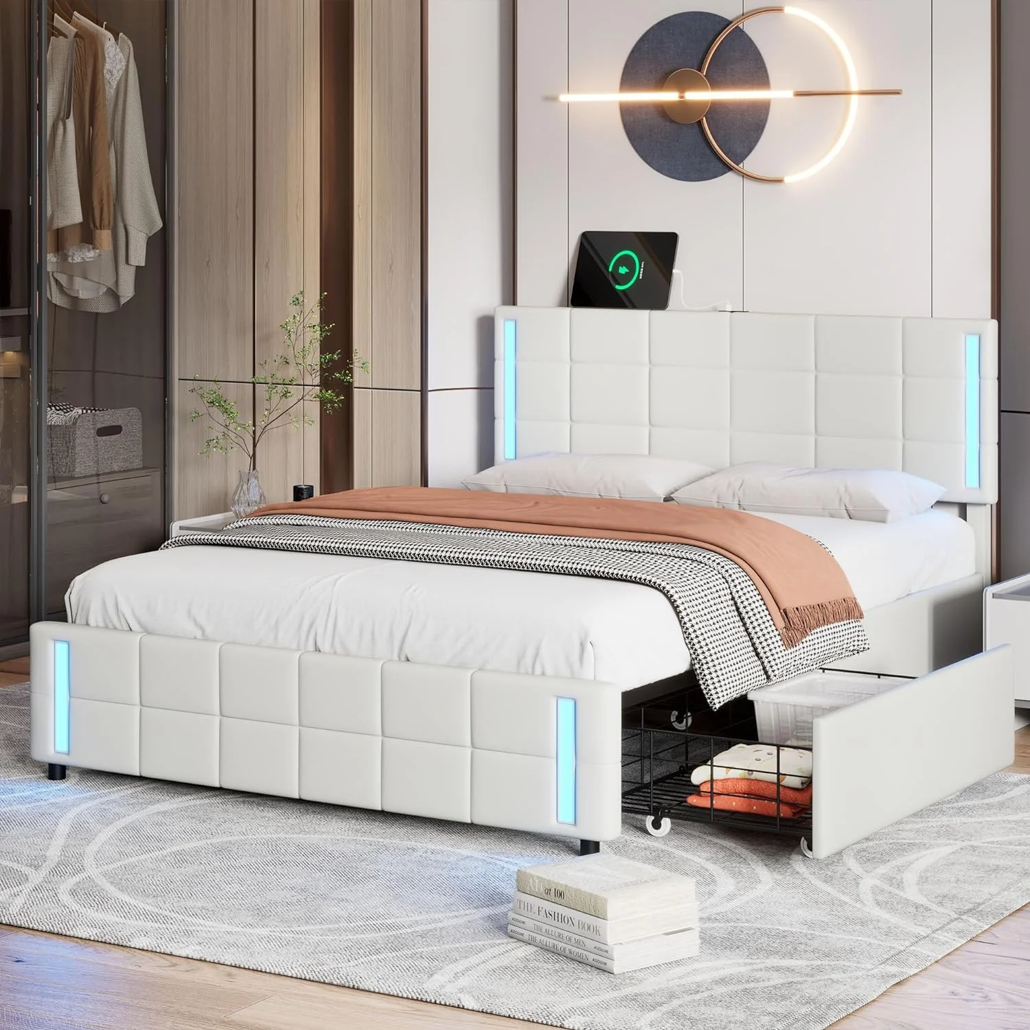 Quee Size Upholstered Platform Bed Frame For Boys Girls Kids Adults Toddler With LED Lights Ad USB Chargig, Storage Bed With 4 Drawers, White