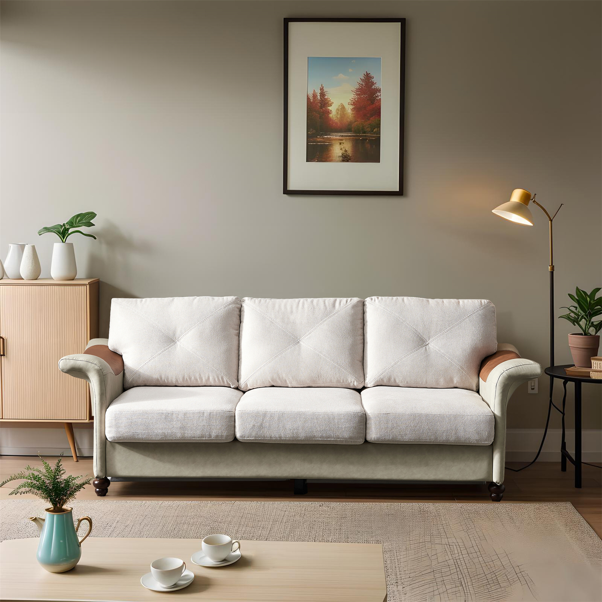 Gexpusm Small Modern Sofa Couches for Living Room, Fabric Faux Leather 3-Seater Sofa w/Solid Wood Legs, Mid-Century Modern Couch for Compact Small Space, Apartment, Bedroom, Dorm, Beige