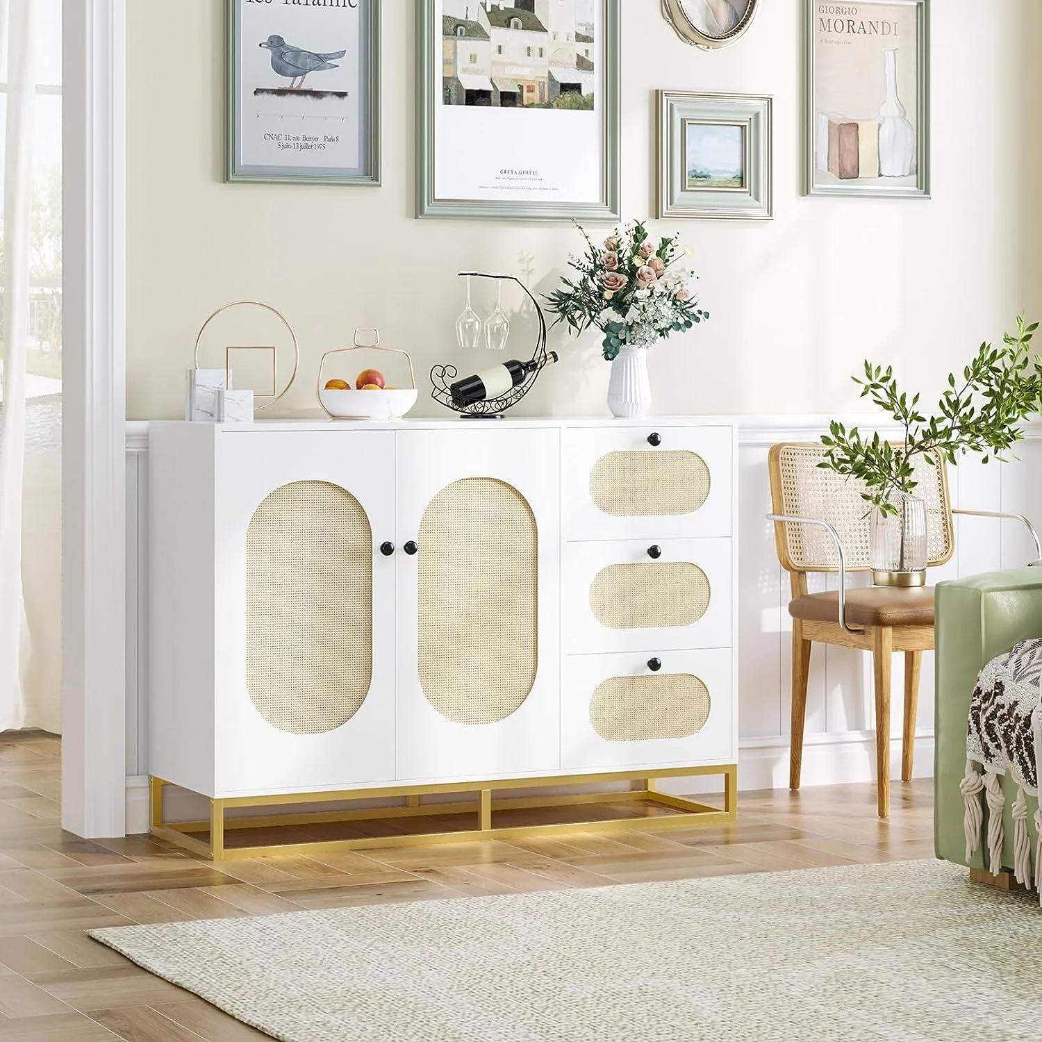 TJUNBOLIFE White Dresser Rattan Dresser  White and Gold Dresser Modern Dresser with 3 Drawers  Wood  Drawer Cabinet with Handmade Rattan Doors  Rattan Chest of Drawers  White/Gold