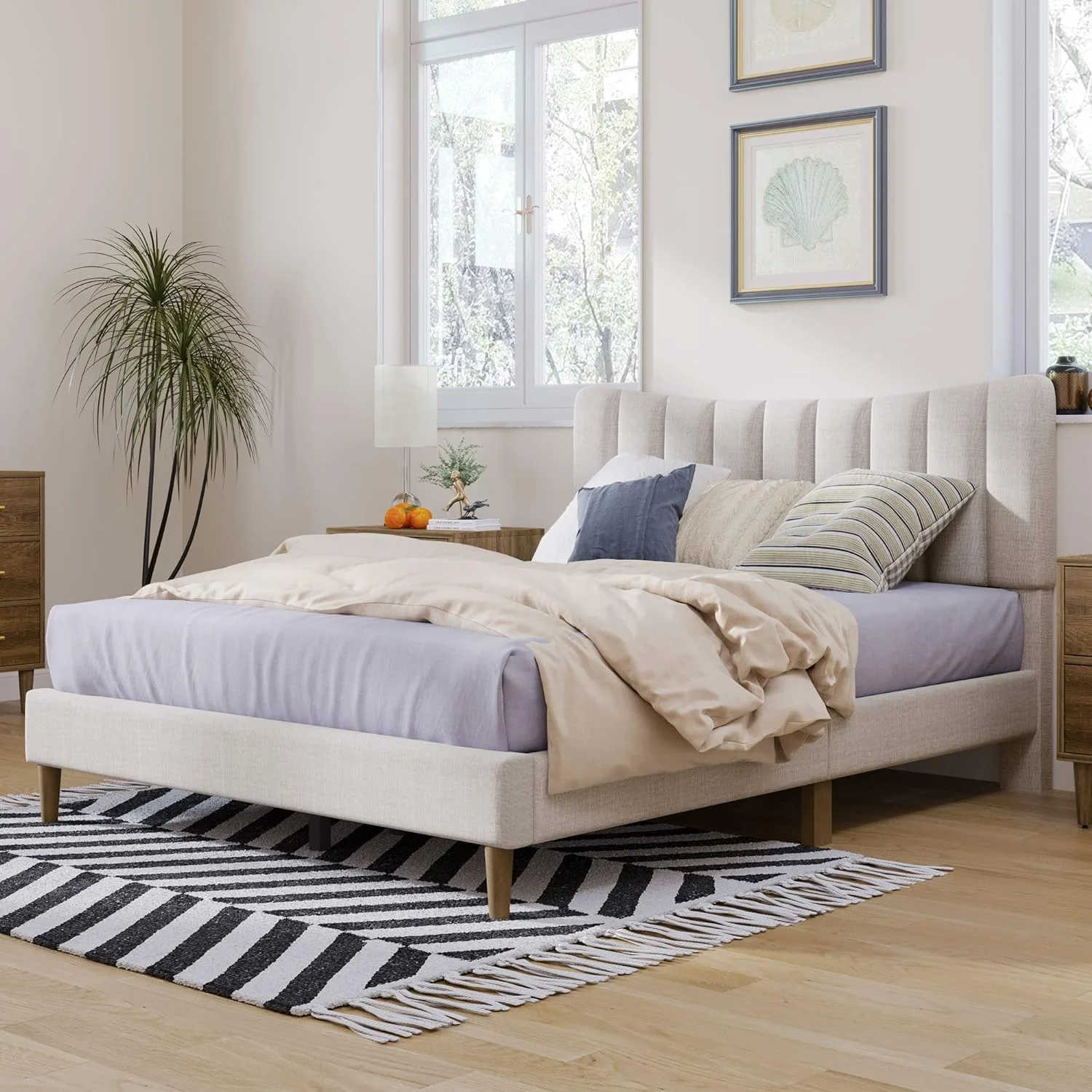 Full Size Platform Bed Modern Fabric Upholstered Platform Beds With Vertical Channel Tufted Headboard, Full Bed Frame For Bed Room, No Box Spring Needed (Cream)