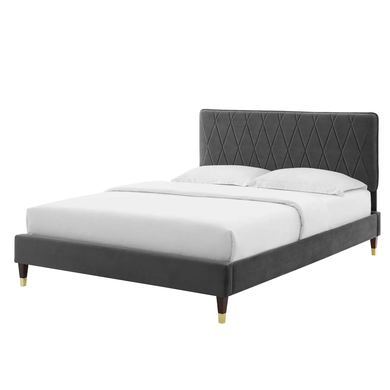 Platform Bed Frame, Queen Size, Velvet, Dark Grey Gray, Modern Contemporary Urban Design, Bedroom Master Guest Suite