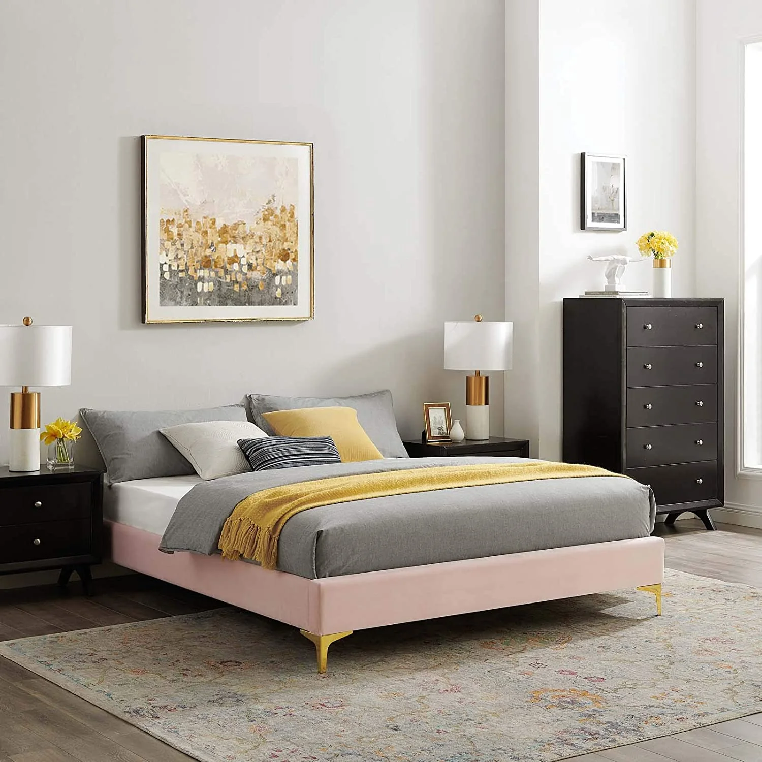 WAGEE MOD-6307-PNK Sutton King Performance Velvet Bed Frame, Pink