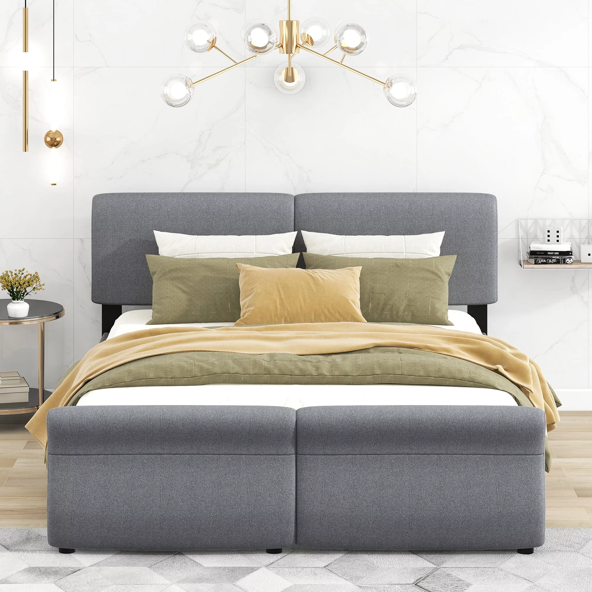 mountright King Size Linen Upholstered Platform Bed with Headboard and 2 Drawers, Platform Bed Frame with Wood Slat Support, No Box Spring Required, Gray