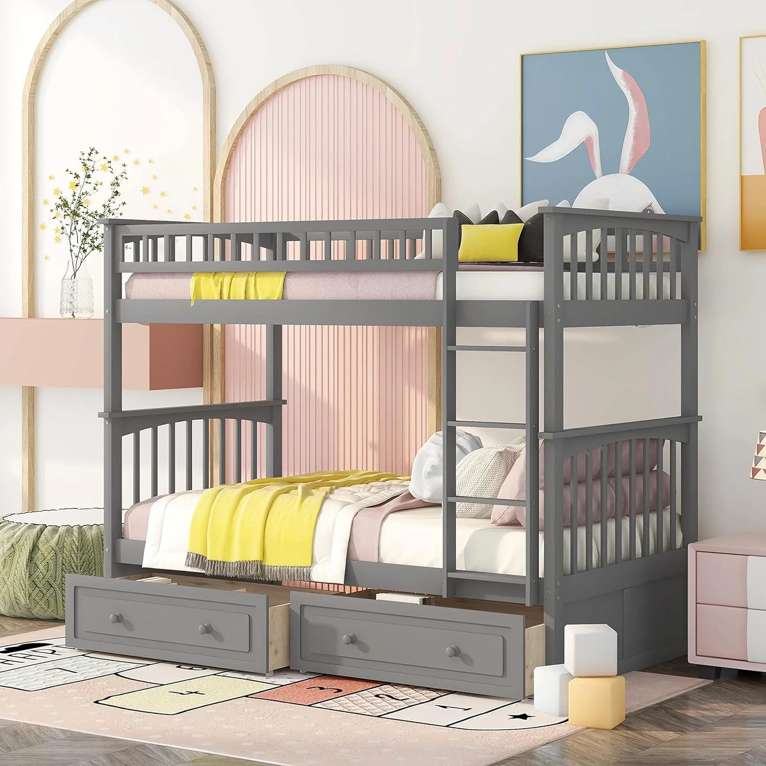 Kids Bunk Beds With 2 Drawers, Solid Wood Convertible Two Size Daybeds, Over Teens Bedroom Bed, Frame With Ladder, Safety Rail For Teens Adults (Grey)