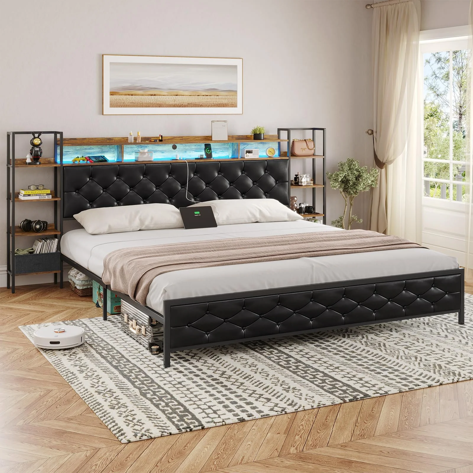 AOGLLATI King Bed Frame with Storage Shelf Headboard and LED Lights,Metal Platform Bed Frame with Upholstered Headboard with Charging Station,Black