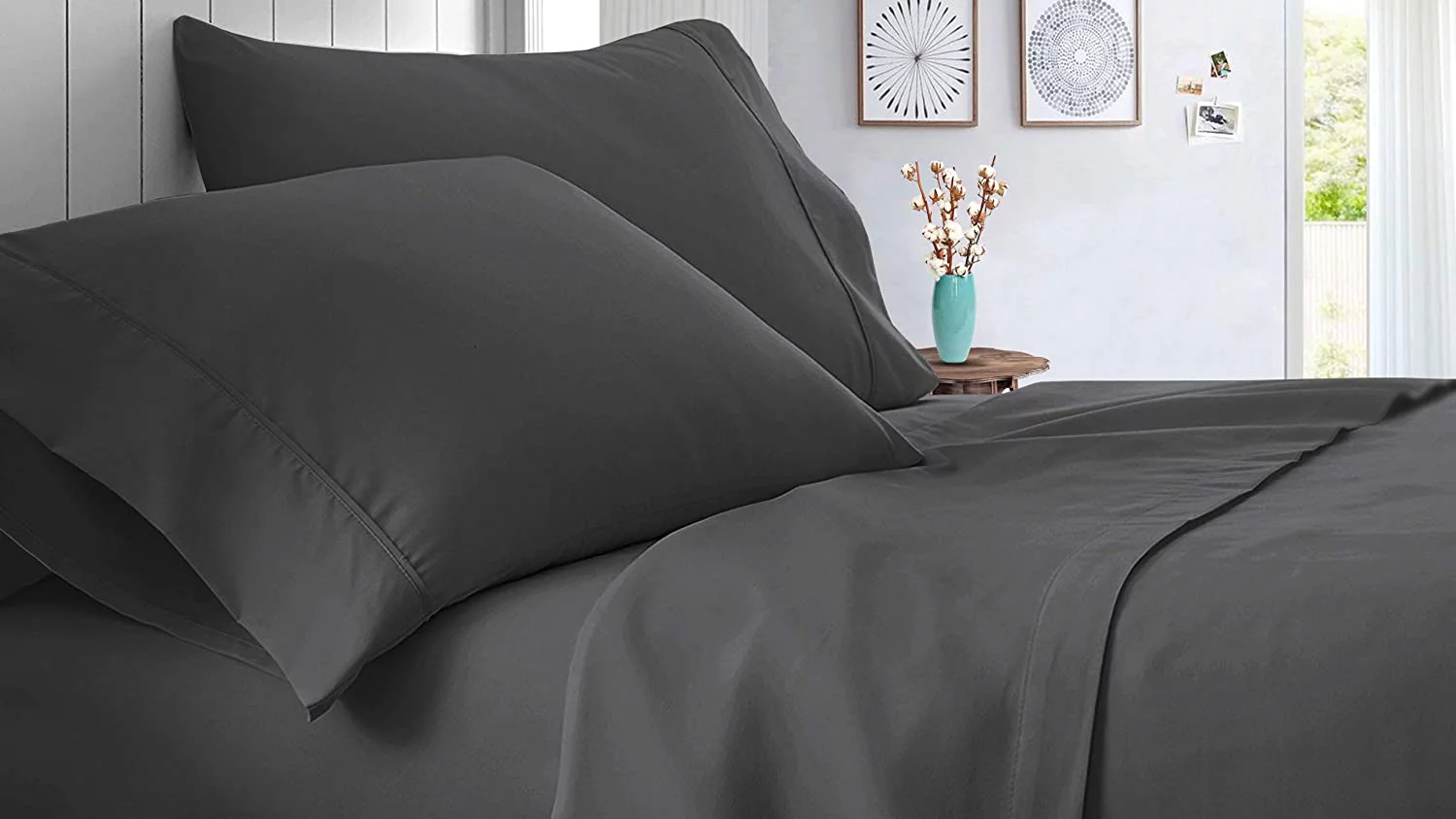 Cal-King Size 100% Egyptian Cotton 5 Piece Bedding, Luxury Sheet Set with 12 Inch Deep Pocket - 400TC Comfortable & Machine Washable Sheets - Dark Gray Solid.