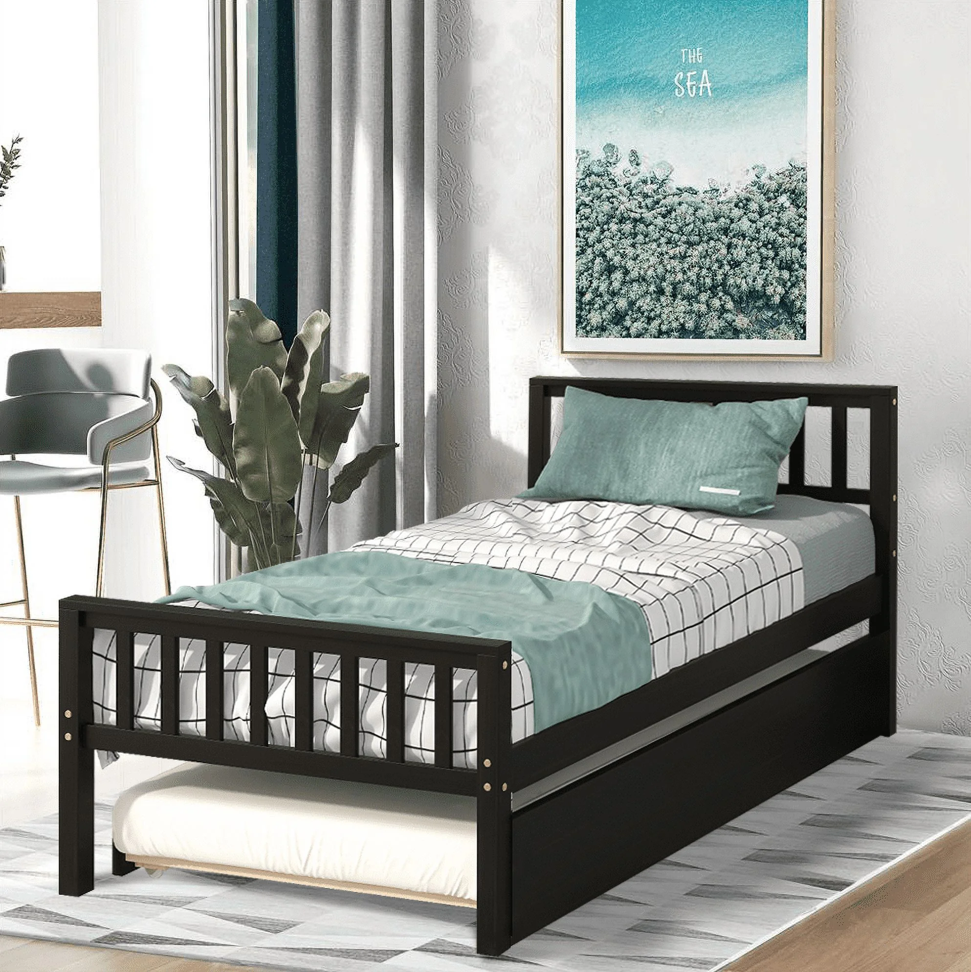 SESSLIFE Twin Bed Frame with Trundle, Solid Pine Wood Kids Twin Platform Bed Frame, Pull-out Combination Bed with Casters, Bedroom Twin Bed with Headboard for Adults, Espresso