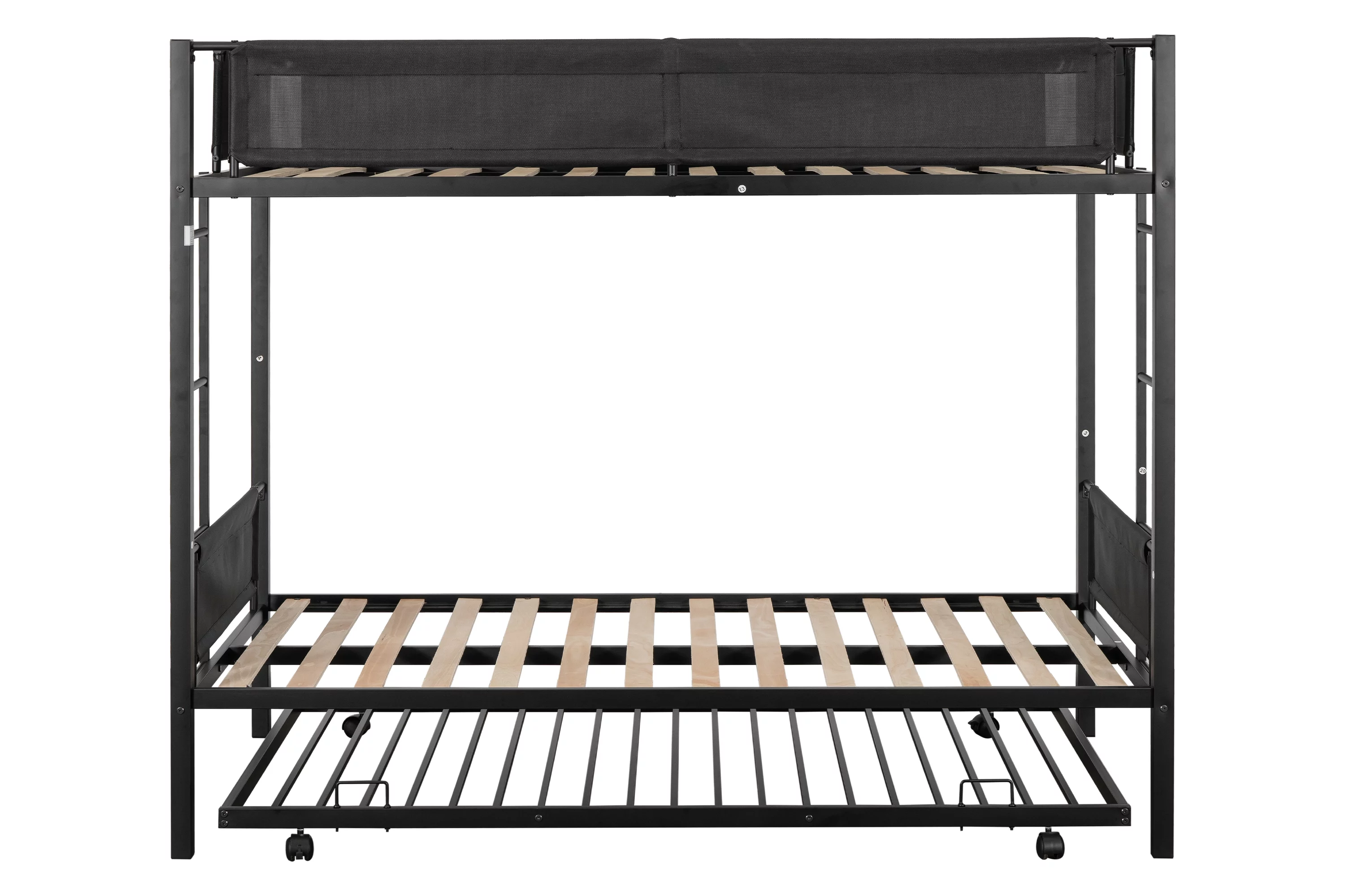 Muumblus Twin Over Twin Bunk Bed with Trundle, Metal Bed Frame with Safety Guard Rail and Ladders, Space Saving Design Bedroom Bunk Bed for Kids and Adults, Black, M926