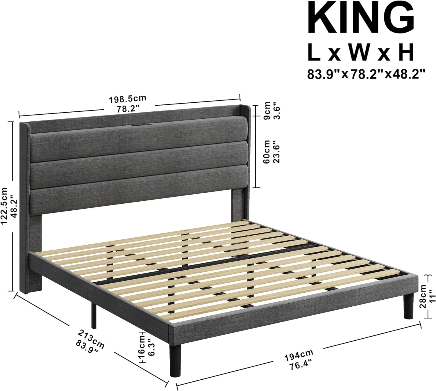 OUWI King Bed Frame, Storage Headboard with Outlets, Sturdy and Stable, No Noise, No Box Springs Needed, Dark Gray