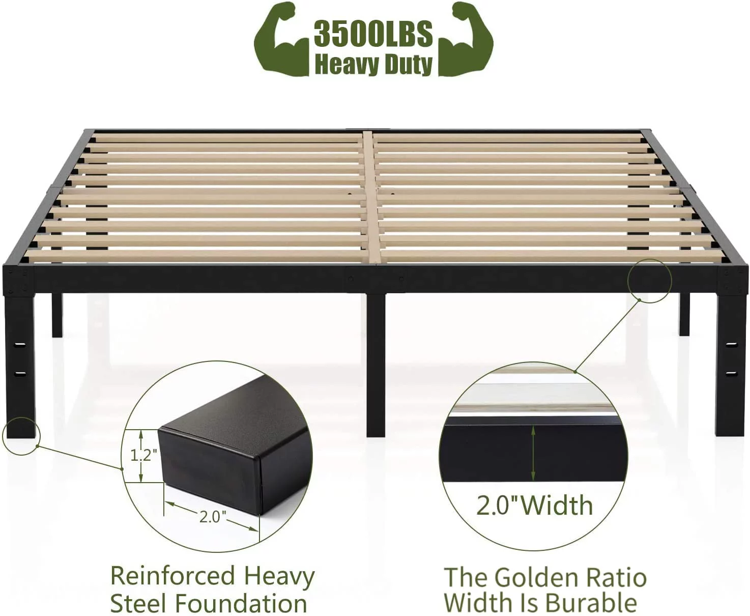 WAGEE 3500lbs Heavy Duty,14 Inch Steel & Wooden Slat Support Reinforced Platform Bed Frame,Mattress Foundation/No Box Spring Needed/Easy Assembly/Noise Free,Queen/King/California King (Full)