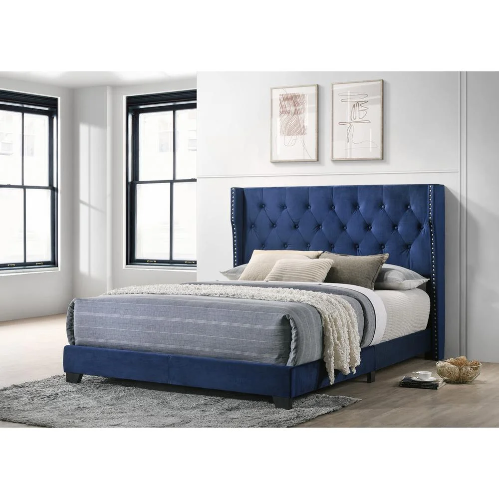 Navy Blue Velvet Panel Bed with Tufted Headboard in Full Size