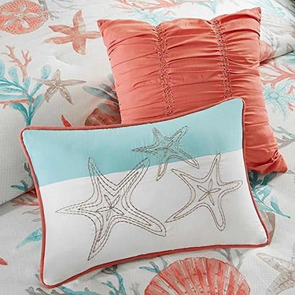 Coral & Teal Seashells, Starfish, Beach Queen Comforter Set (7 Piece Bed In A Bag)