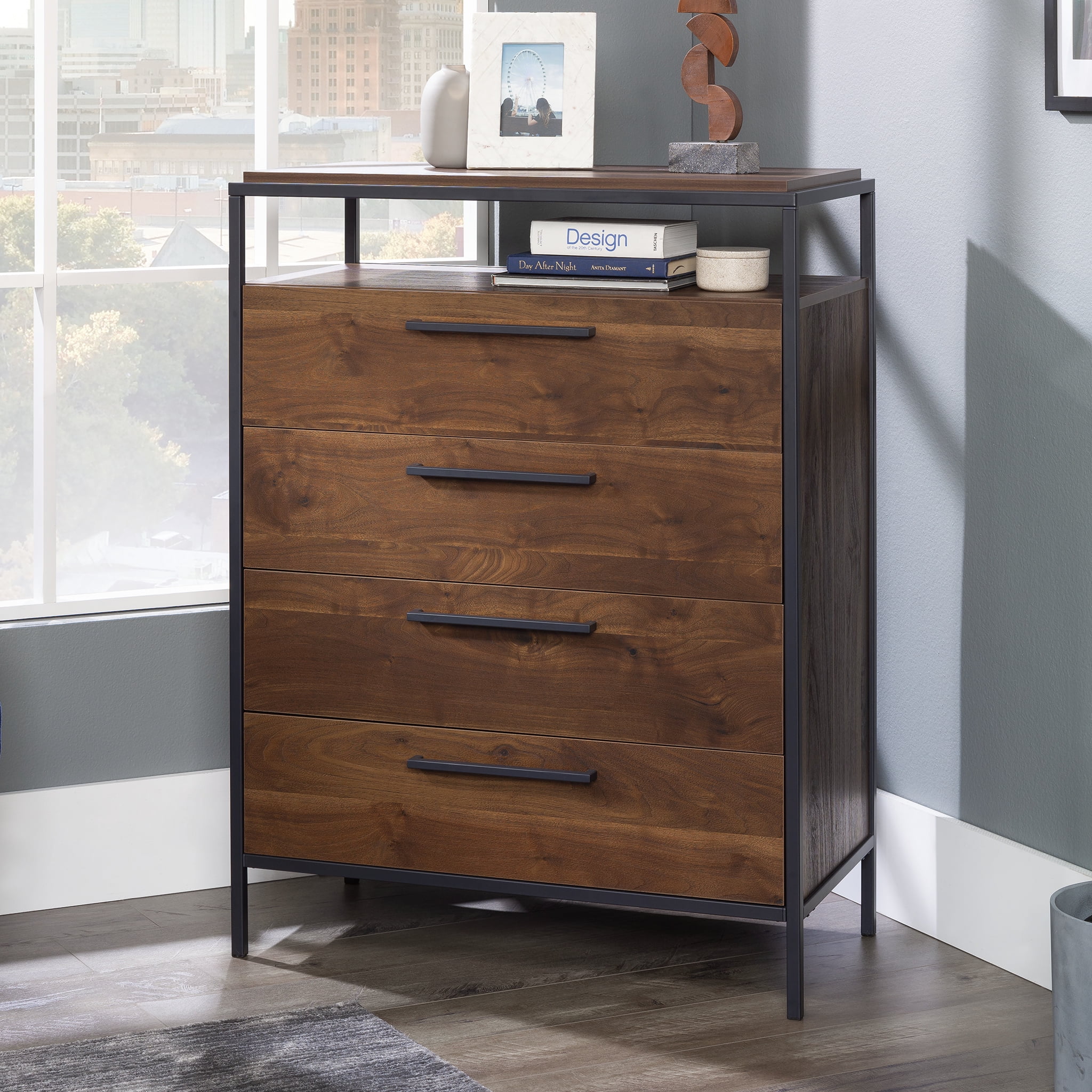 Sauder Nova Loft 4-Drawer Bedroom Dresser with Open Shelf, Grand Walnut Finish