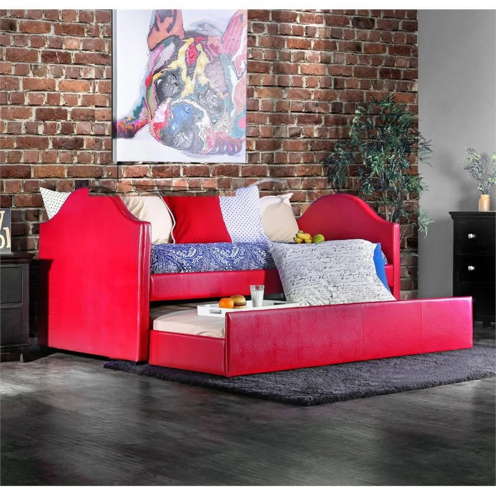 Bowery Hill Contemporary Upholstered Daybed with Trundle in Red