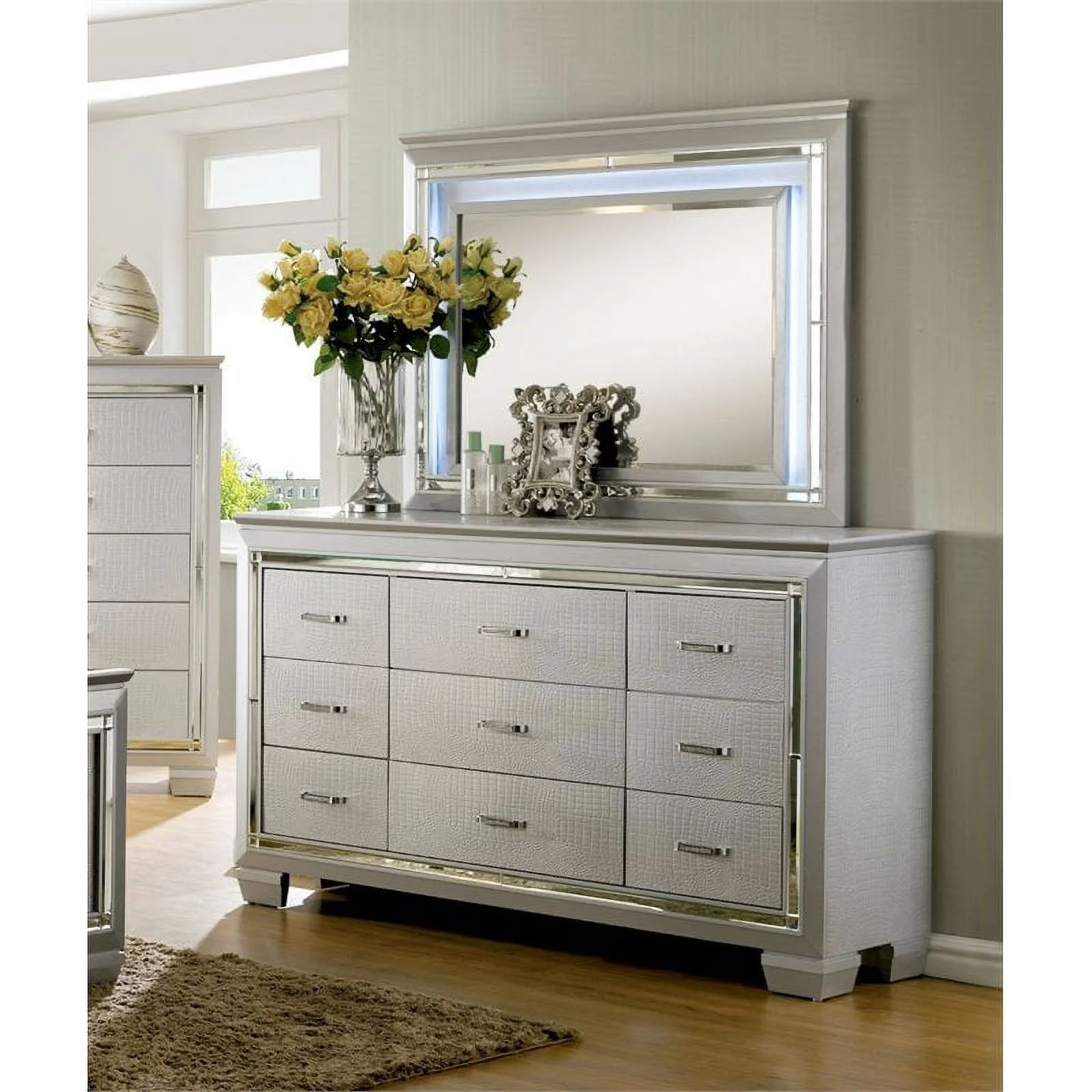 Furniture of America Rachel Wood 9-Drawer LED Dresser and Mirror in Silver
