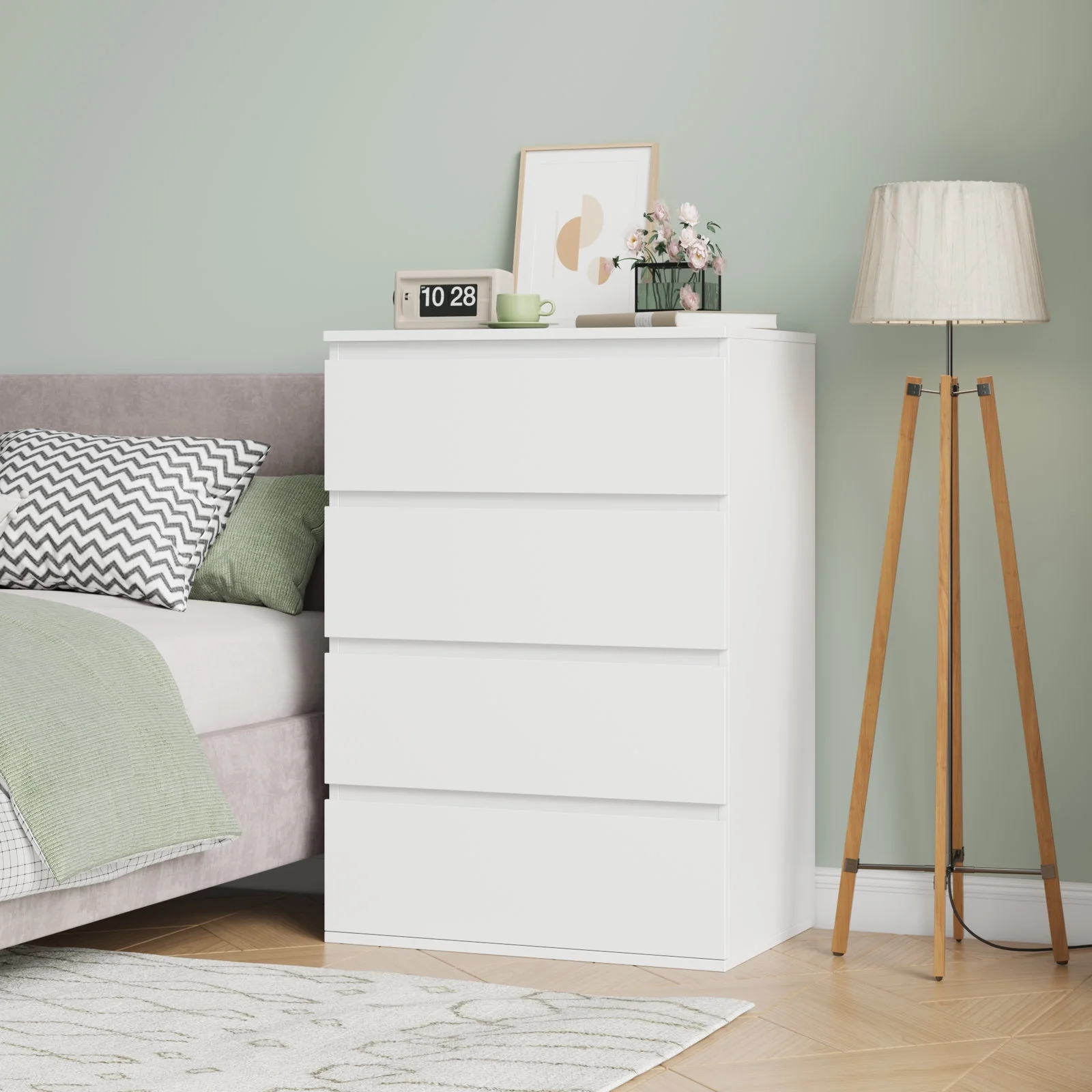 Homfa 4 Drawer White Dresser, Modern Storage Cabinet for Bedroom, Vertical Chest of Drawers Wood Nightstand for Living Room