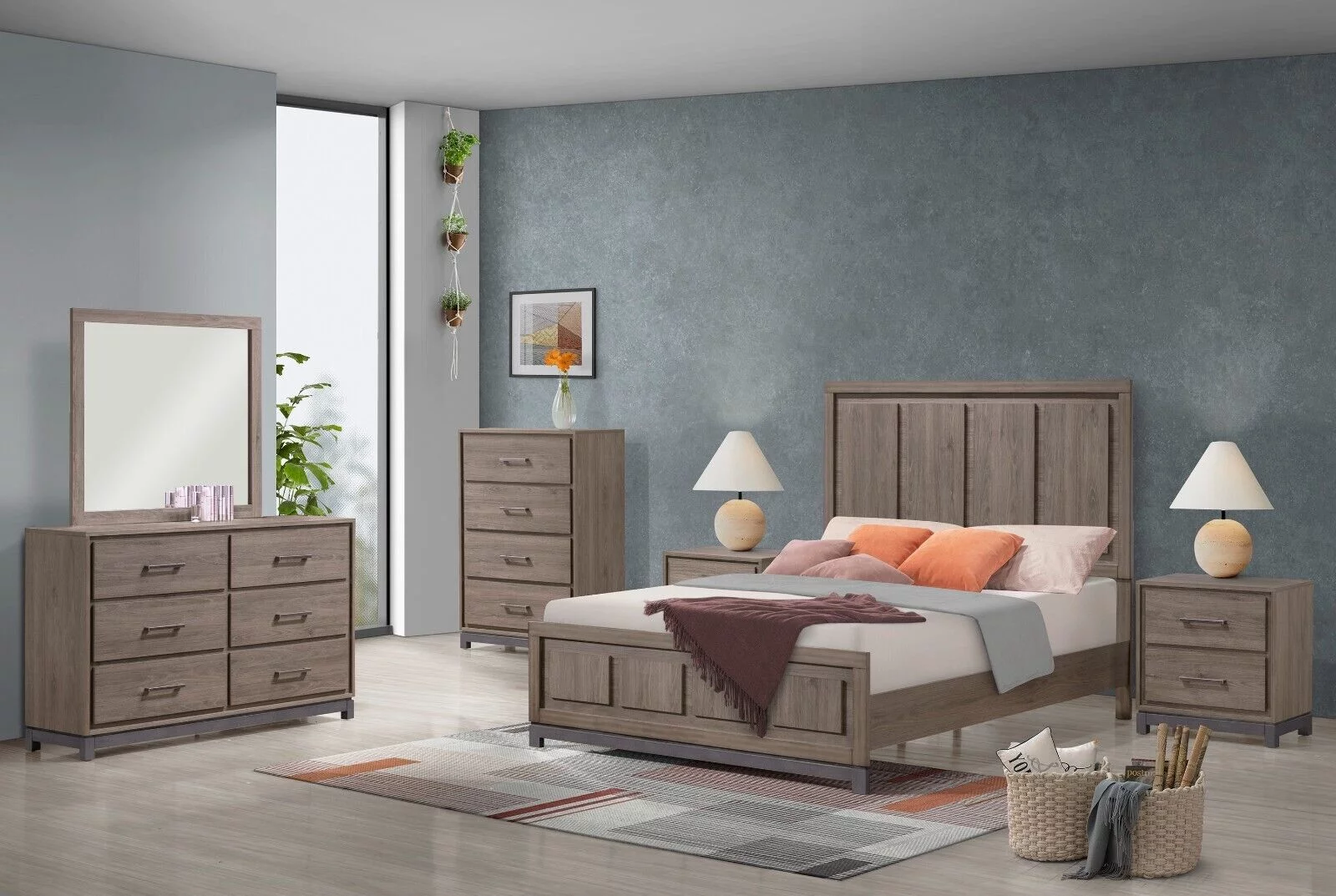 4Pc Contemporary Bedroom Set Brown Wood Finish King Size Bed Dresser Mirror Nightstand Furniture