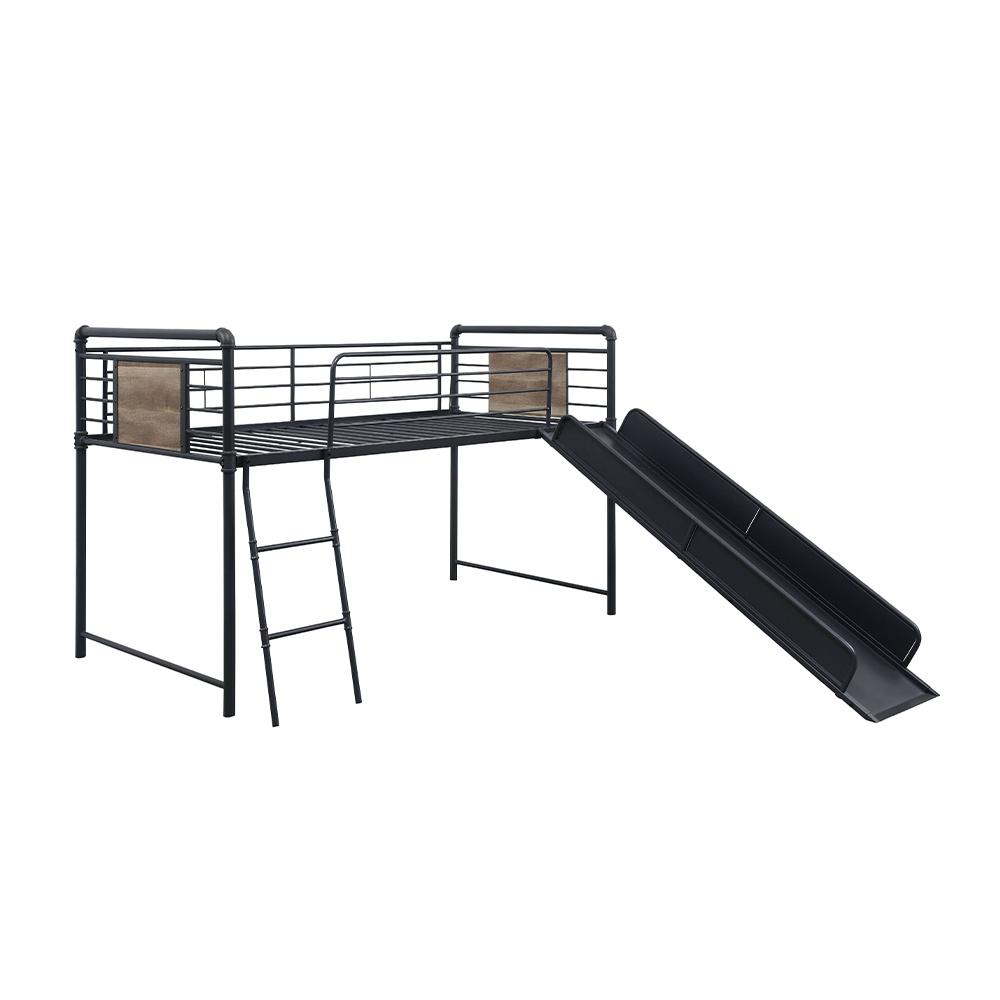 Acme Cordelia Twin Loft Bed w/Slide, Antique Oak, Sandy Black & Dark Bronze Hand-Brushed Finish