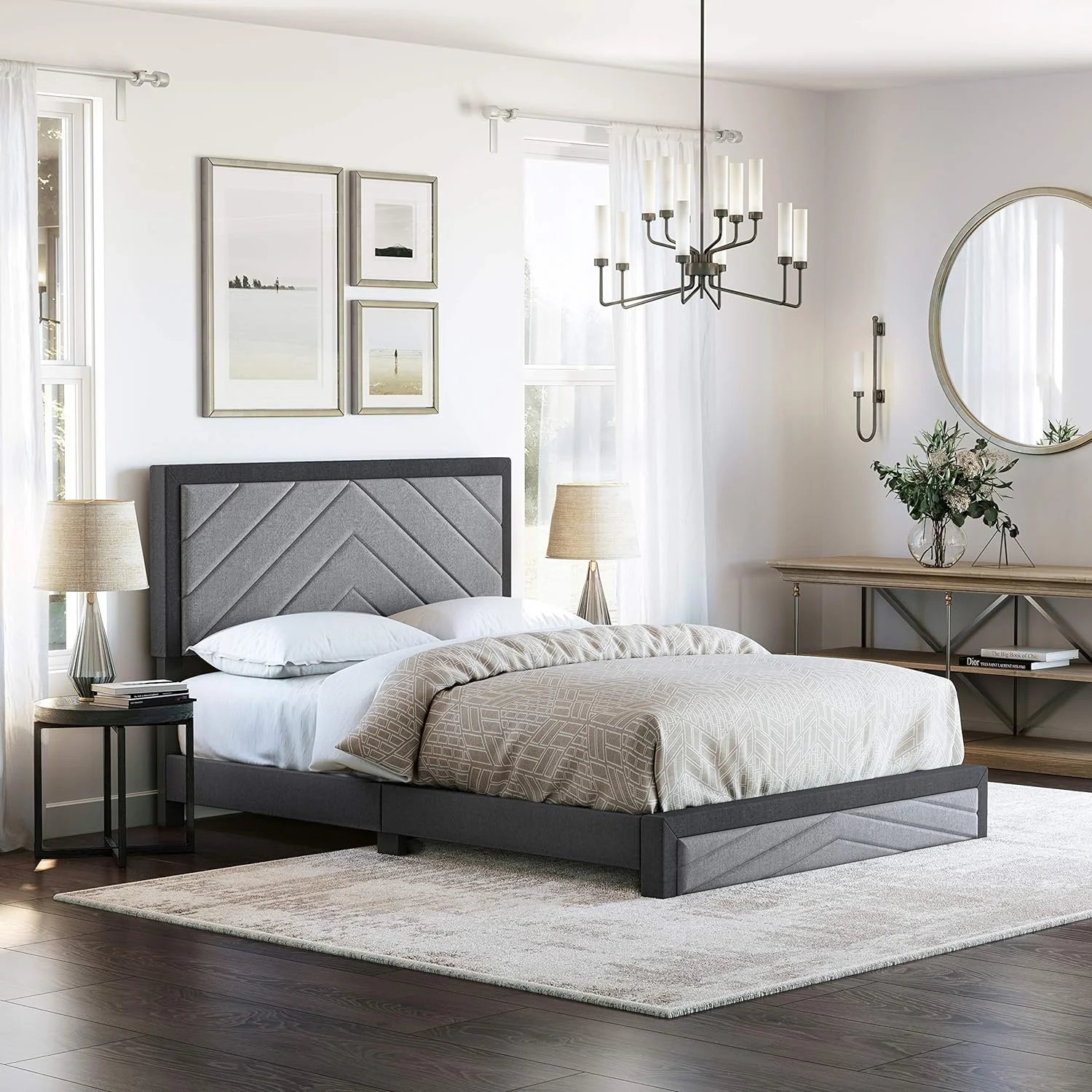 Barcelona Upholstered Platform Bed With Headboard And Durable Mattress Foundation With Strong 14 Wood Slat Supports, No Boxspring Required: King, Black/Gray