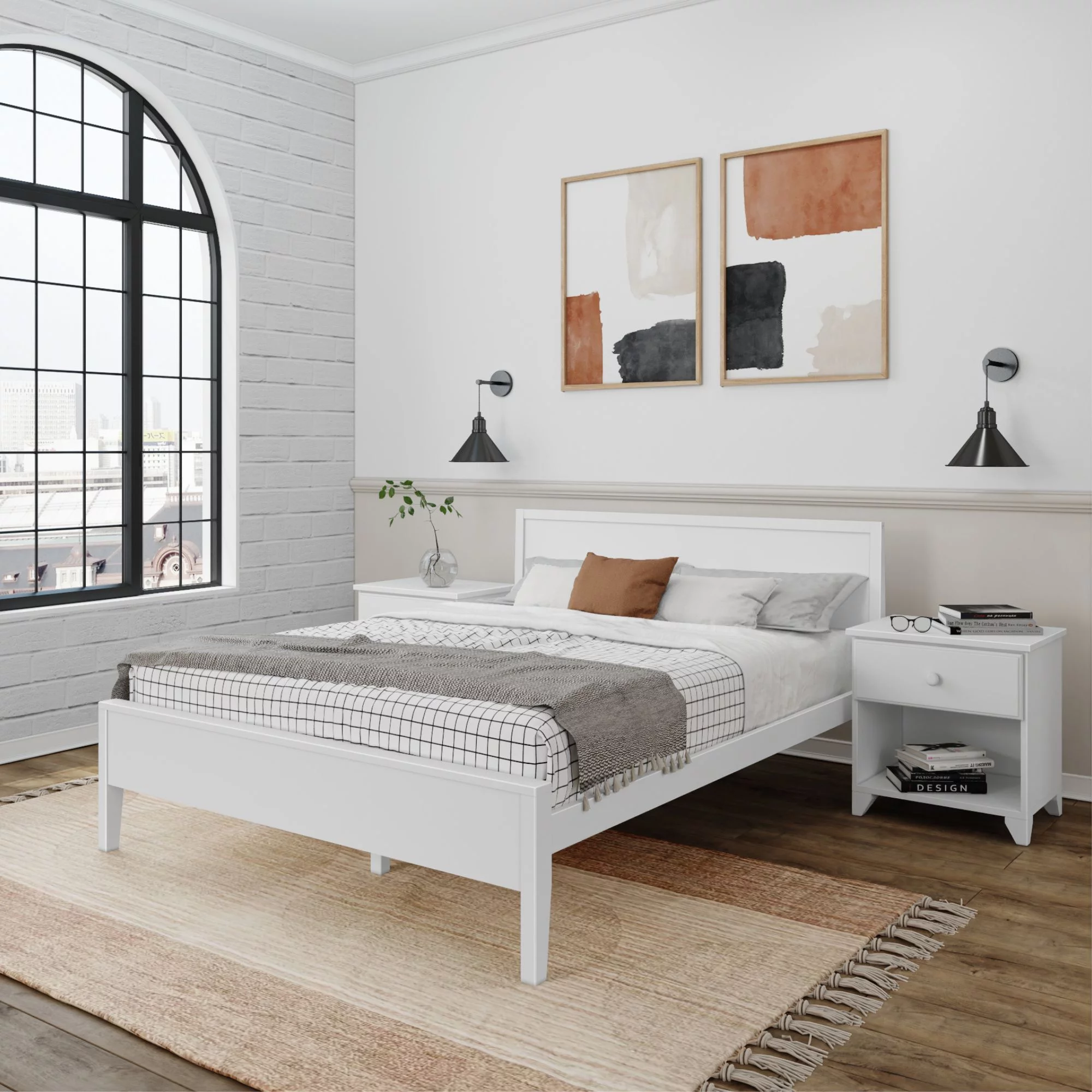 Plank+Beam Solid Wood Queen Bed Frame with Headboard, Modern Platform Bed for Adults, White