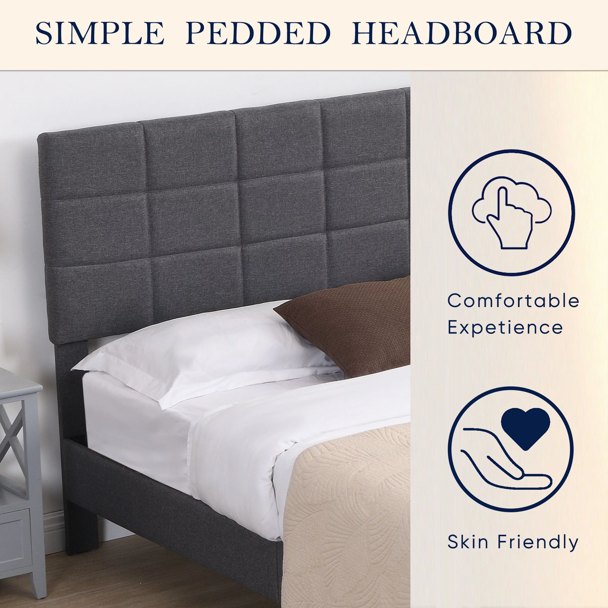 Momspeace Bed Frame Queen Size with Headboard and Strong Wooden Slats Upholstered Platform Bed, Gray