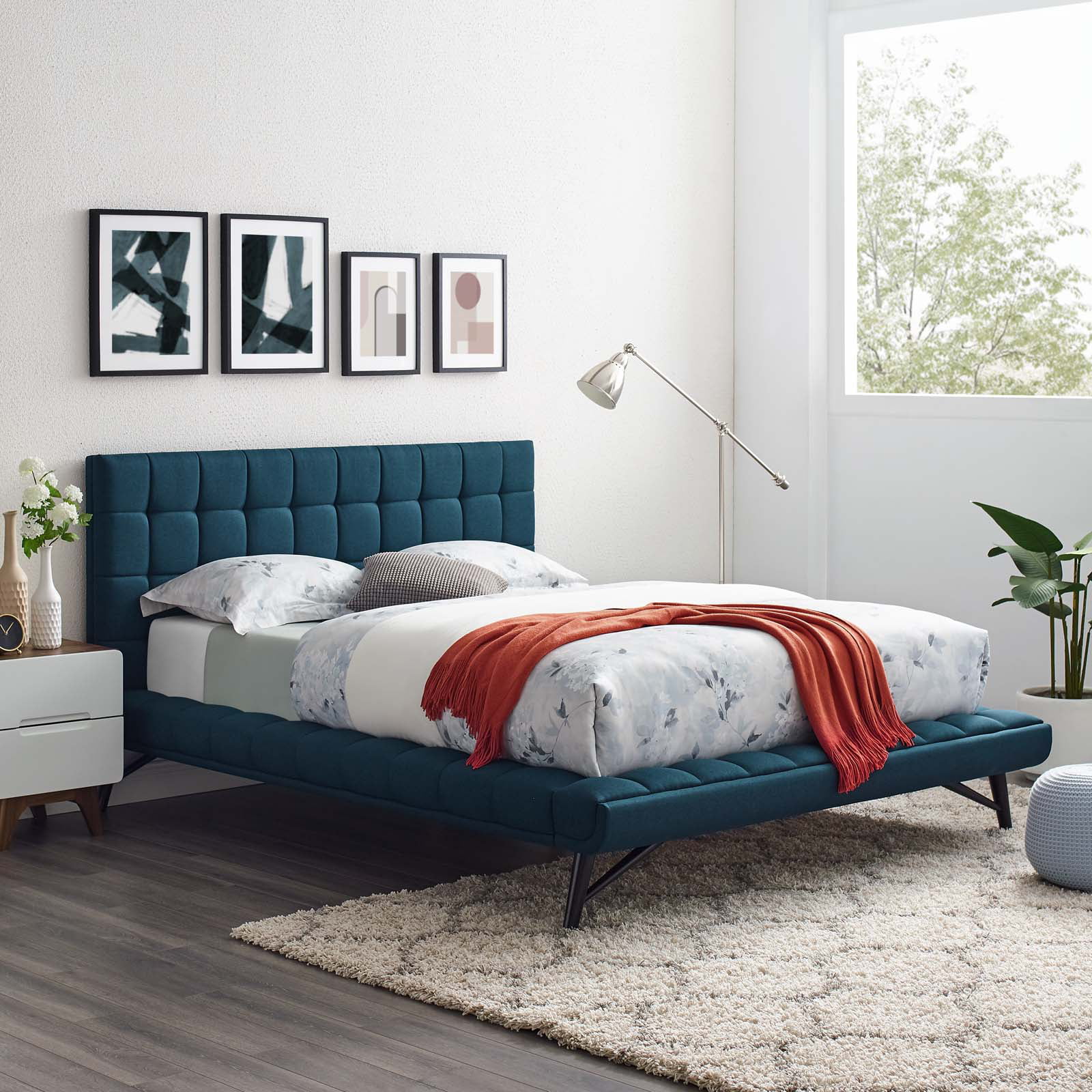 Contemporary Modern Urban Designer Bedroom Queen Size Platform Bed Frame, Fabric, Blue