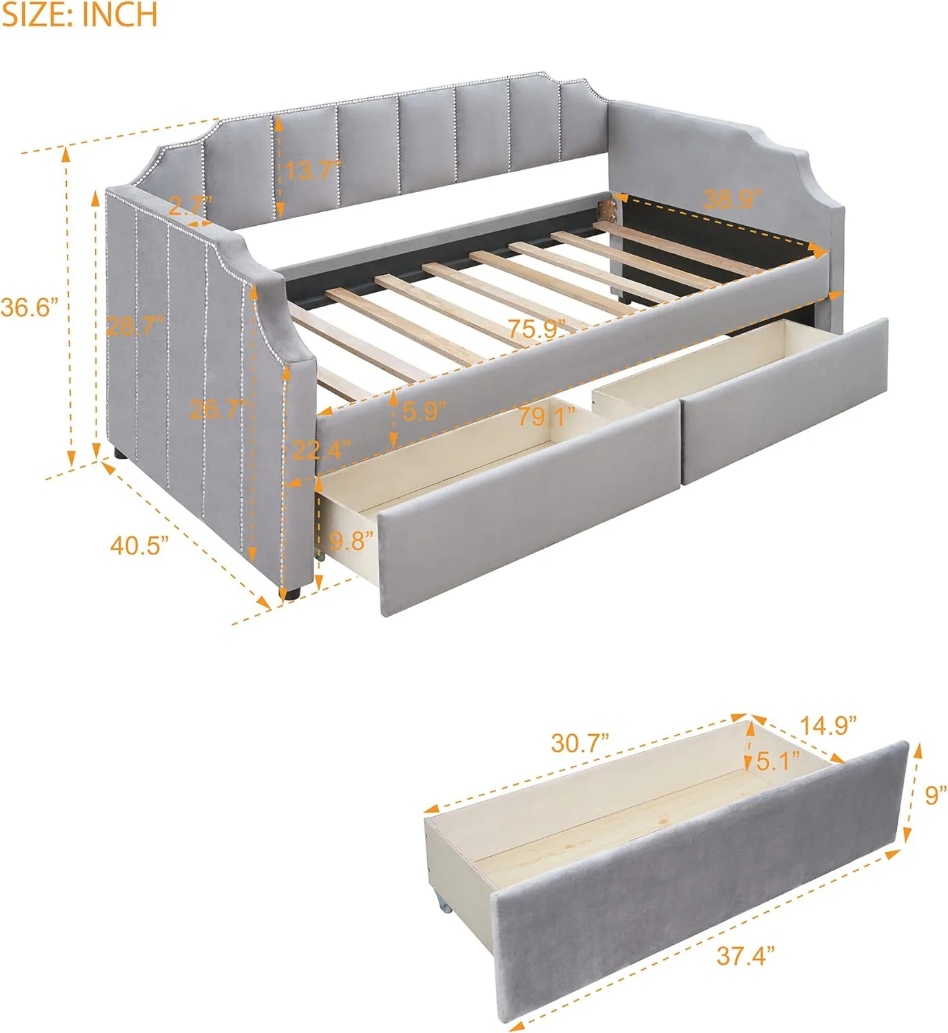 Size Upholstered Daybed With Drawers, Upholstered Tufted Sofa Bed Daybed With Storage And Wood Frame, No Box Spring Needed (, Gray)