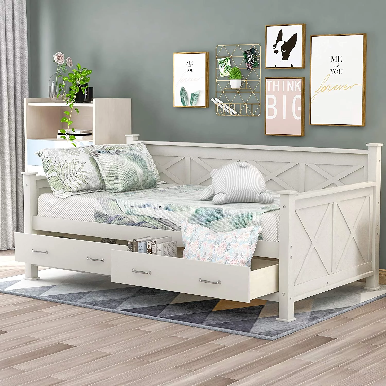 Size Daybed With Two Storage Drawers, Wood Multifunctional Sofa Bed X-Shaped Frame, Modern Daybed With Slat Support For Bedroom Living Room, White