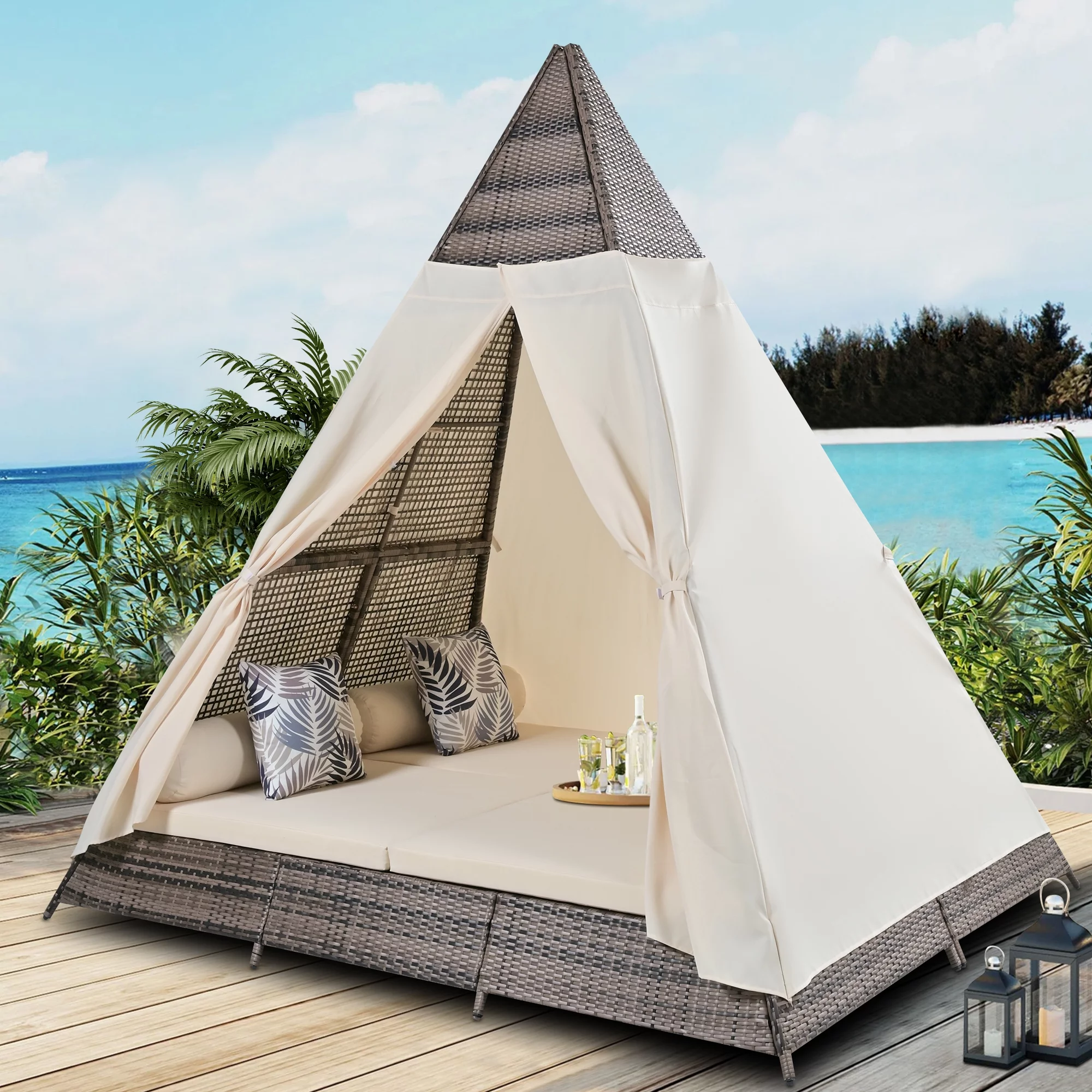 Syngar Outdoor Patio Sunbed with Removable Curtain, All Weather PE Wicker Tent-Shaped Daybed with Beige Cushions and Colorful Pillows, Patio Furniture Set for Garden Porch Deck Poolside