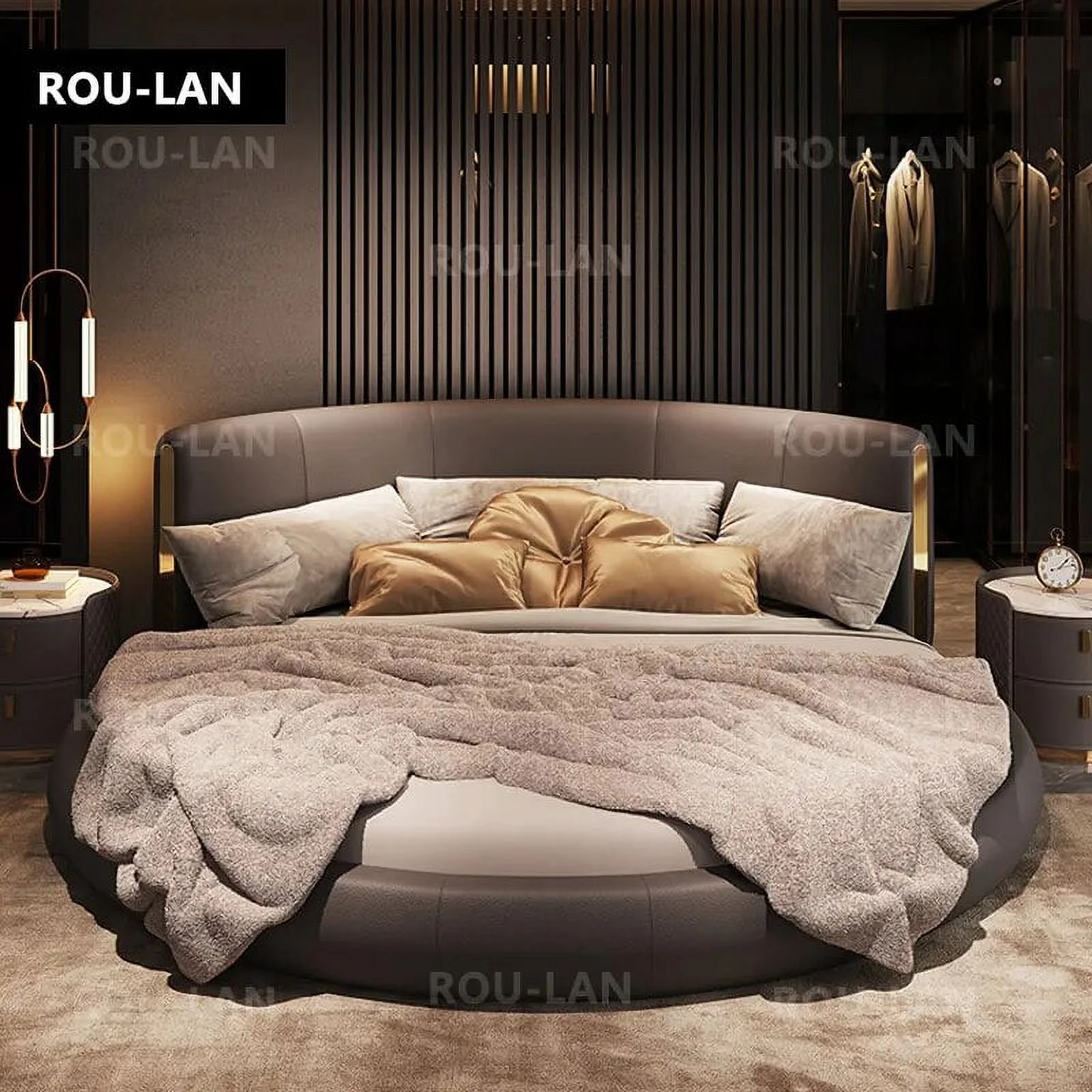 Light Luxury Couples Round Bed Villa Master Bedroom Double Bed High-End Atmosphere Luxury Leather Bed