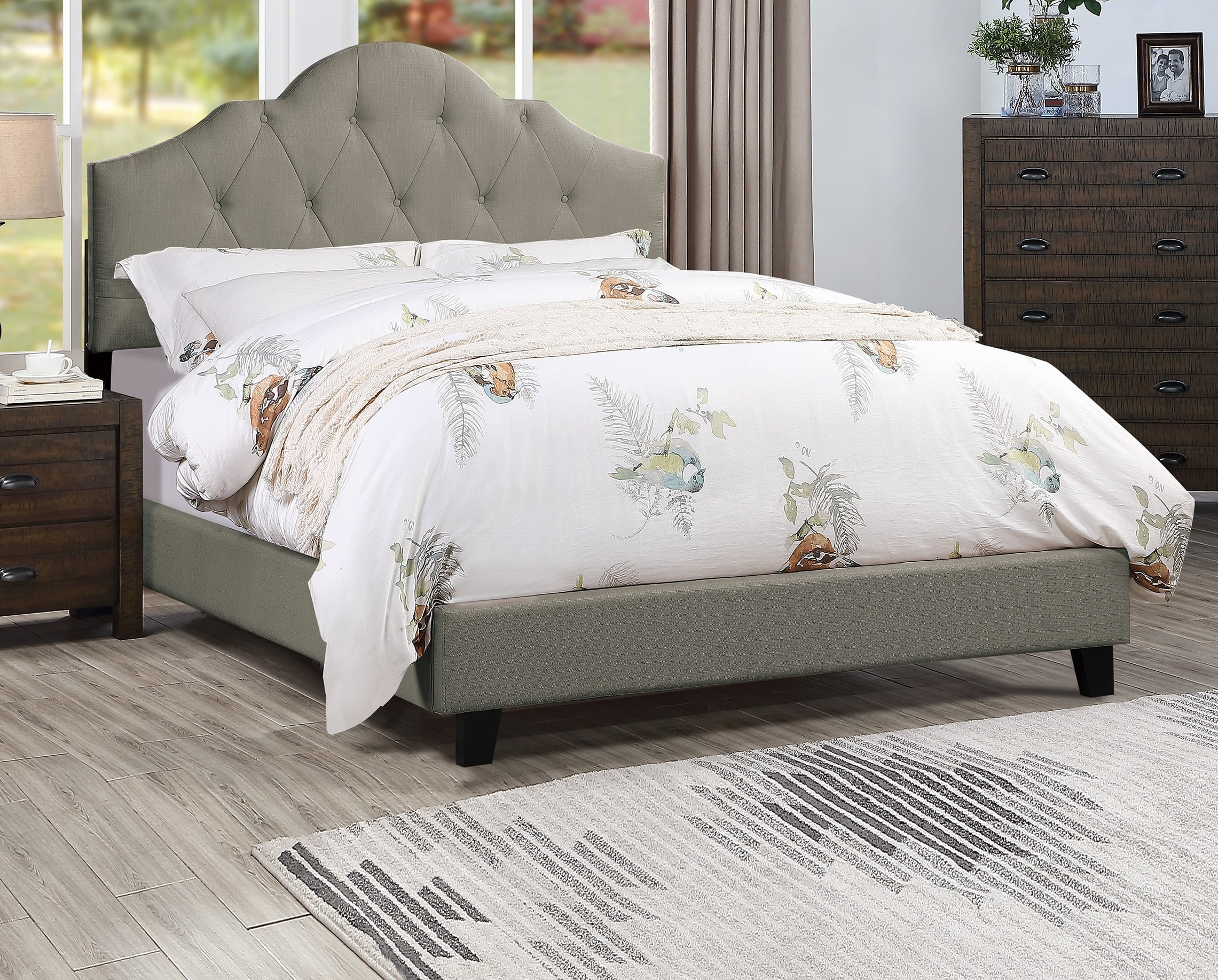 1pc Bed Full Size Bedroom Furniture Grey Polyfiber Tufted Adjustable HB Solid wood