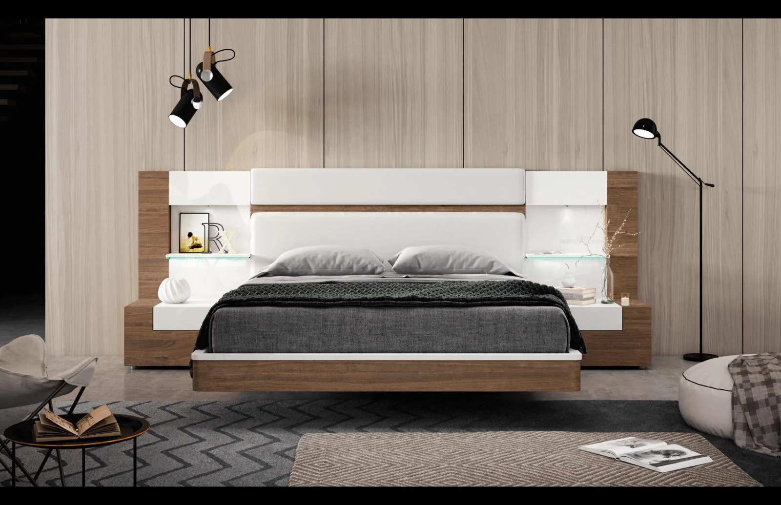Walnut & White Finish King Bedroom 5Pcs w/Double Dresser Made in Spain Soflex Mar