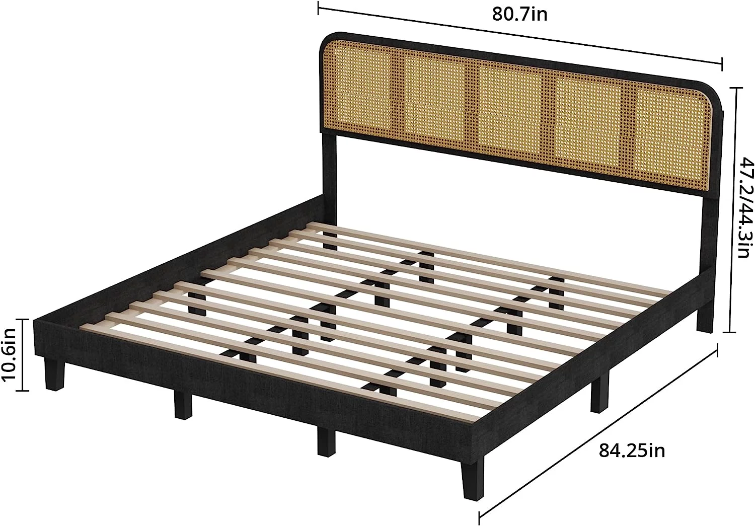 Popular Castle Rattan Wooden Platform Bed Frame with Adjustable Headboard and Wood Slat Support  No Box Spring Needed  Full Size  Black
