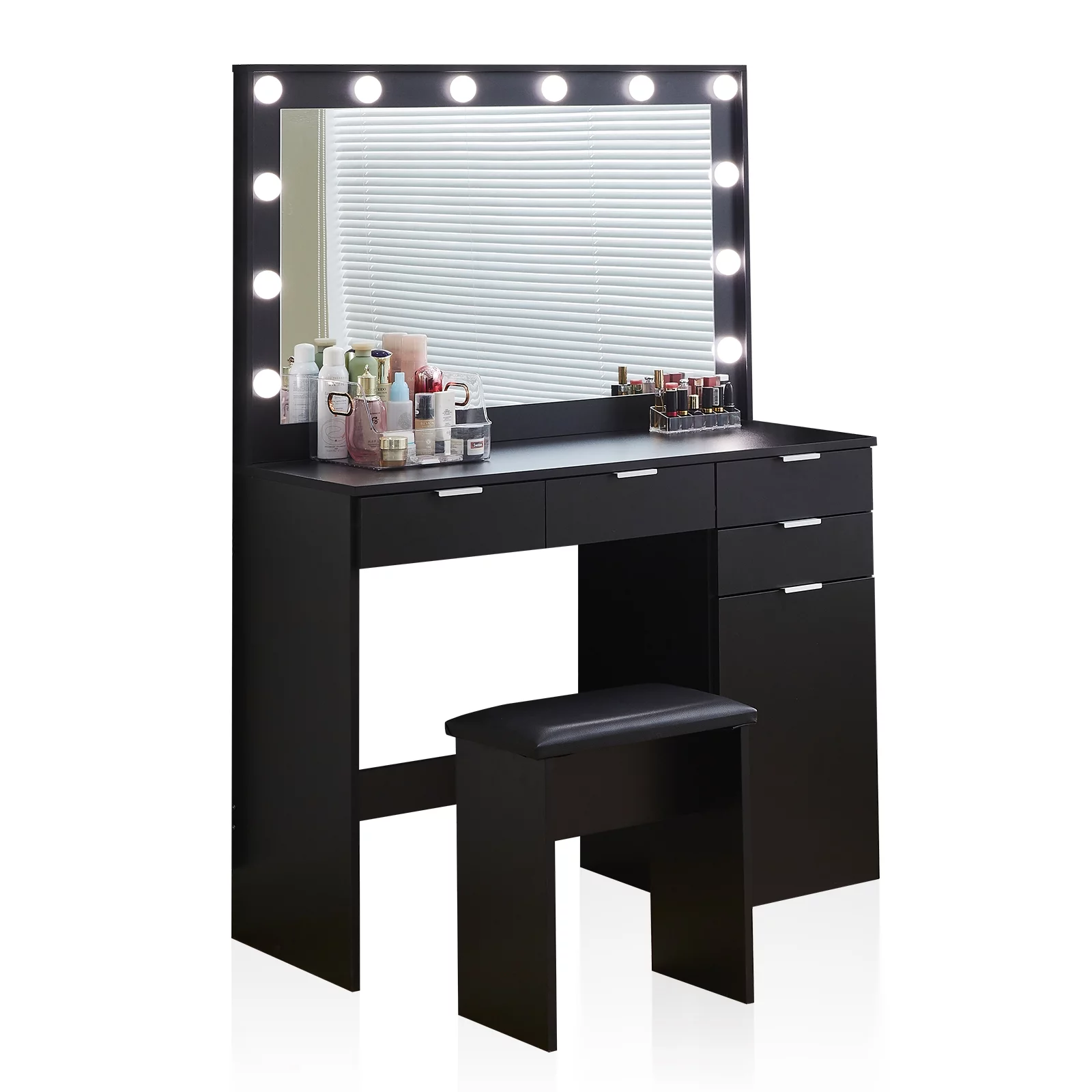 Clipop Makeup Vanity Set with Vanity Stool,4 Drawers & Storage Cabinet,with Large Mirror & 3 Colors LED Lights,Black