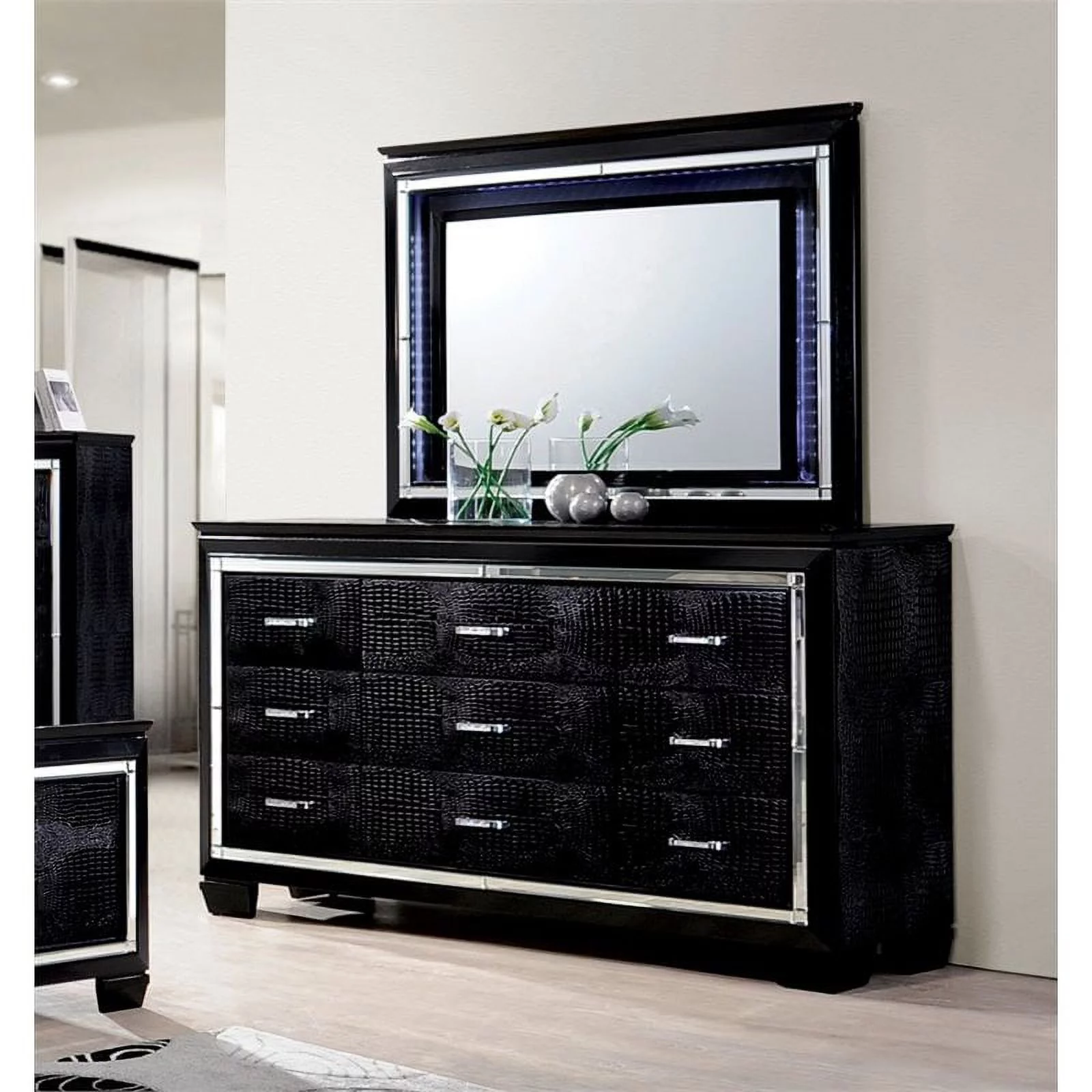 Bowery Hill 9 Drawers Contemporary Wood LED Dresser and Mirror in Black