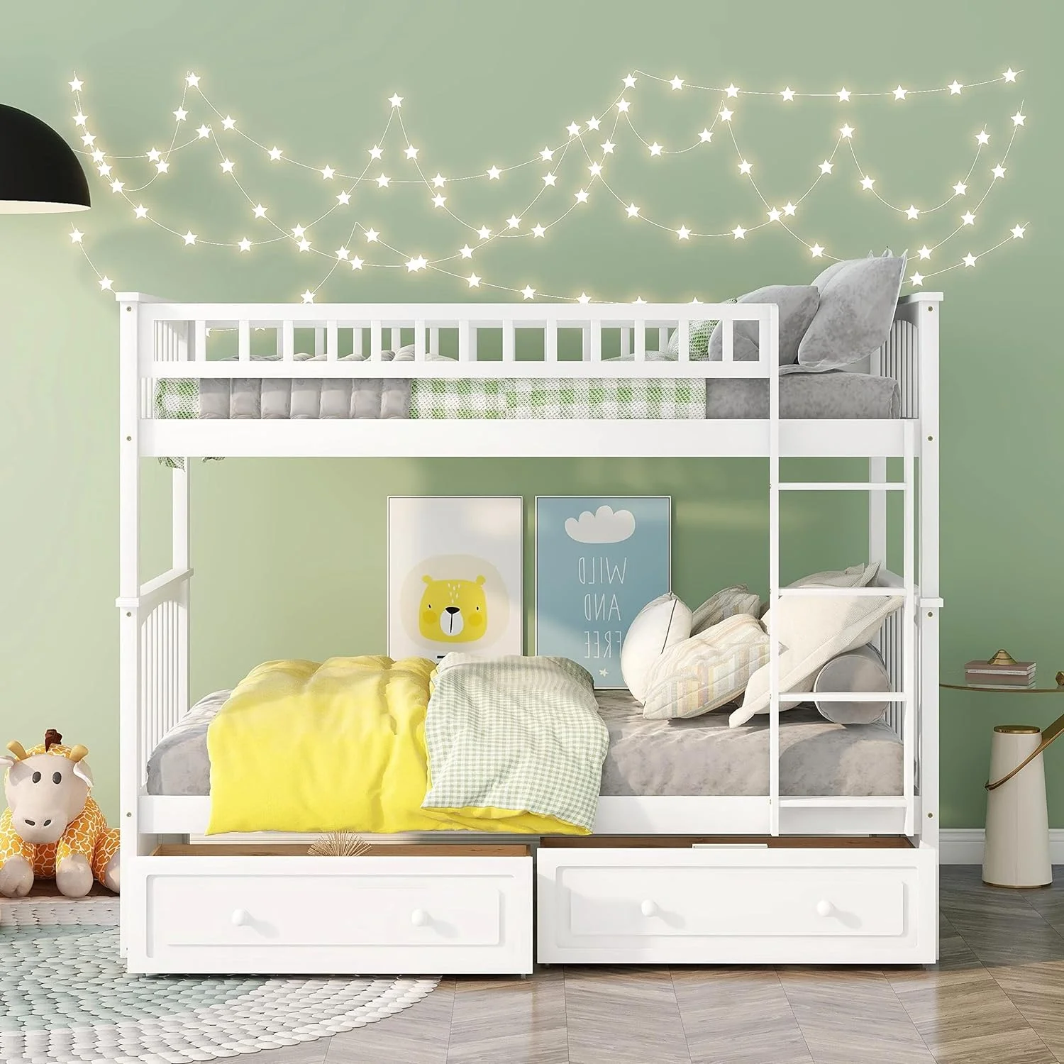 Kids Bunk Beds With 2 Drawers, Solid Wood Convertible Two Size Daybeds, Over Teens Bedroom Bed, Frame With Ladder, Safety Rail For Teens Adults (White)