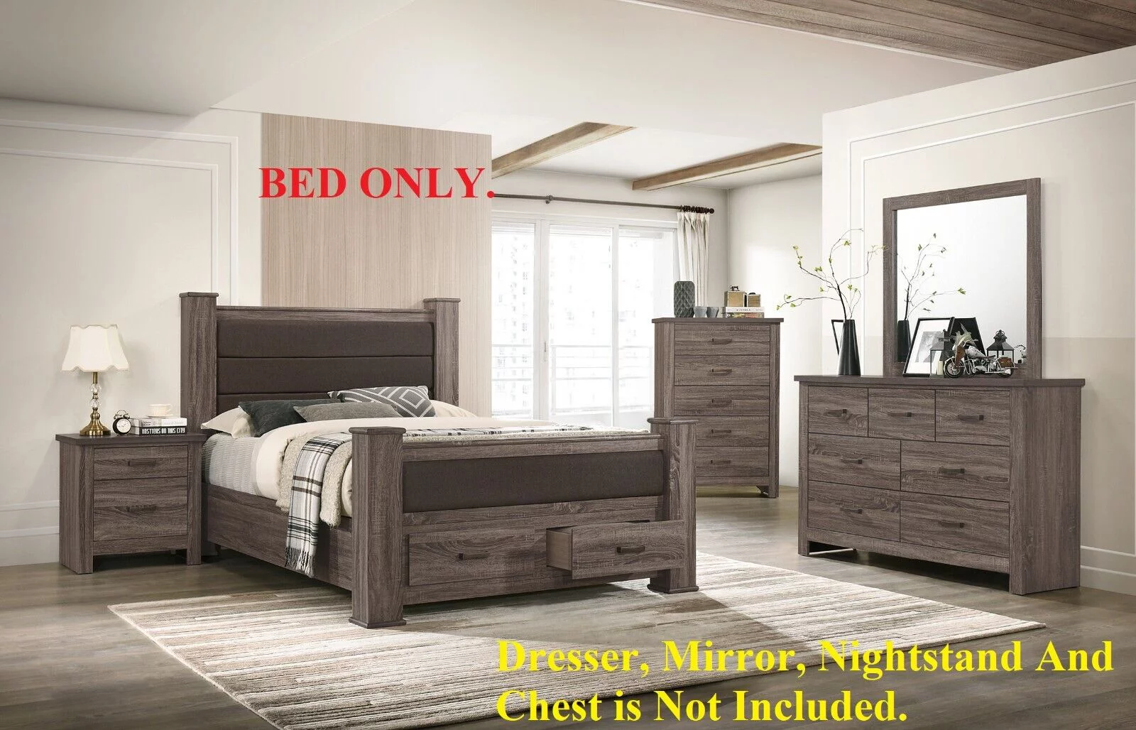 Natural Grey Finish 1pc Queen Size Bed Wooden Bedroom Furniture Drawers Footboard Upholstered Bedframe HB