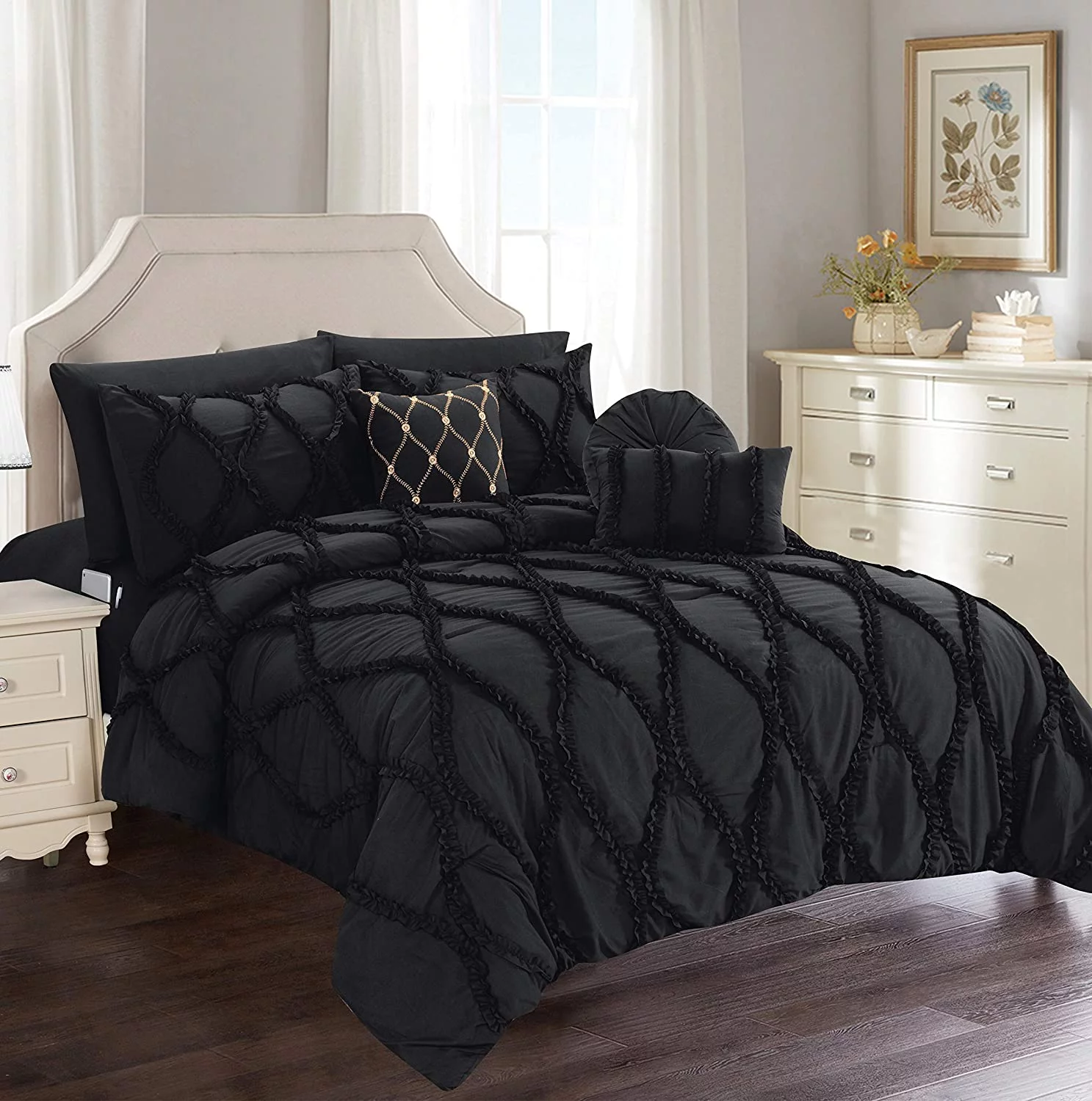 10-Pieces Infinity Design Comforter Set, Bed-in-a-Bag Includes Bed Sheet Set with Double Sided Storage Pockets and Decorative Pillows, King/Cal King, Black