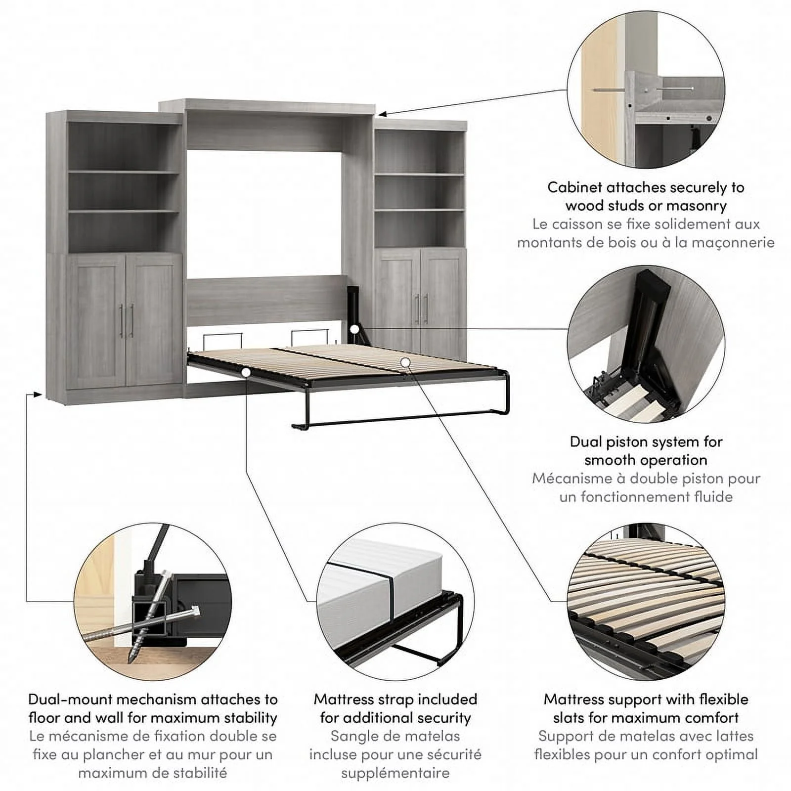 Bestar Pur Modern Engineered Wood Queen Murphy Bed w/ Closet Storage in Gray