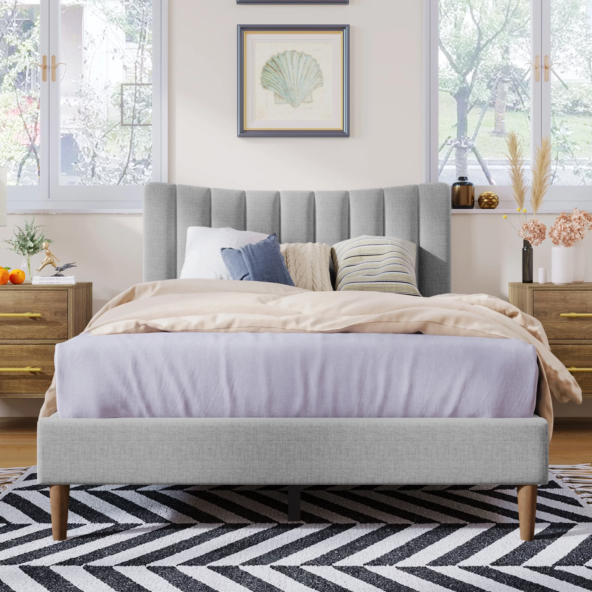 Upholstered Platform Bed Frame with Vertical Channel Tufted Headboard, No Box Spring Needed, Full,Gray