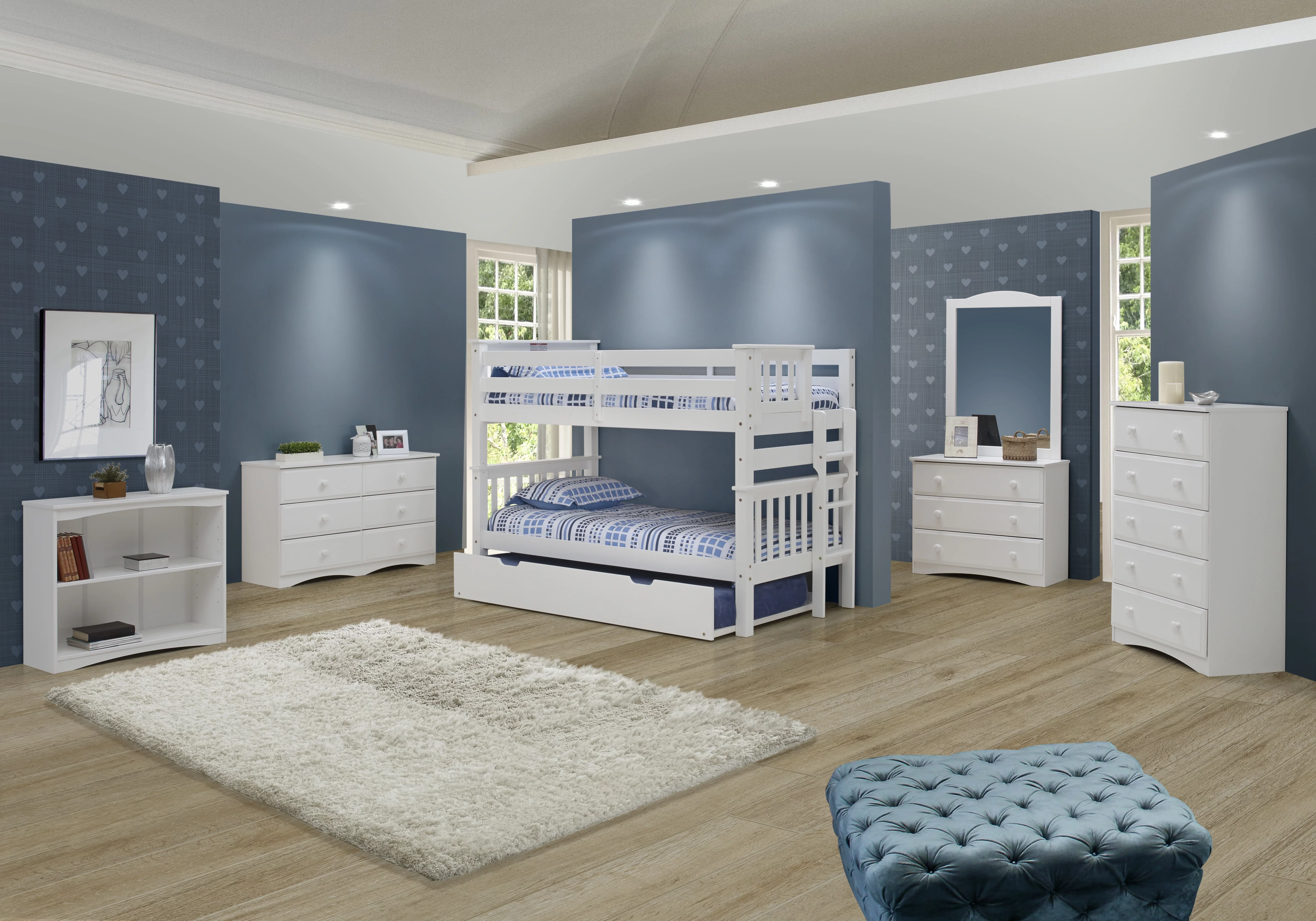 Santa Fe Mission Low Bunk Bed Twin over Twin - Bed End Ladder - Multiple Finishes - with Twin Size Under Bed Trundle