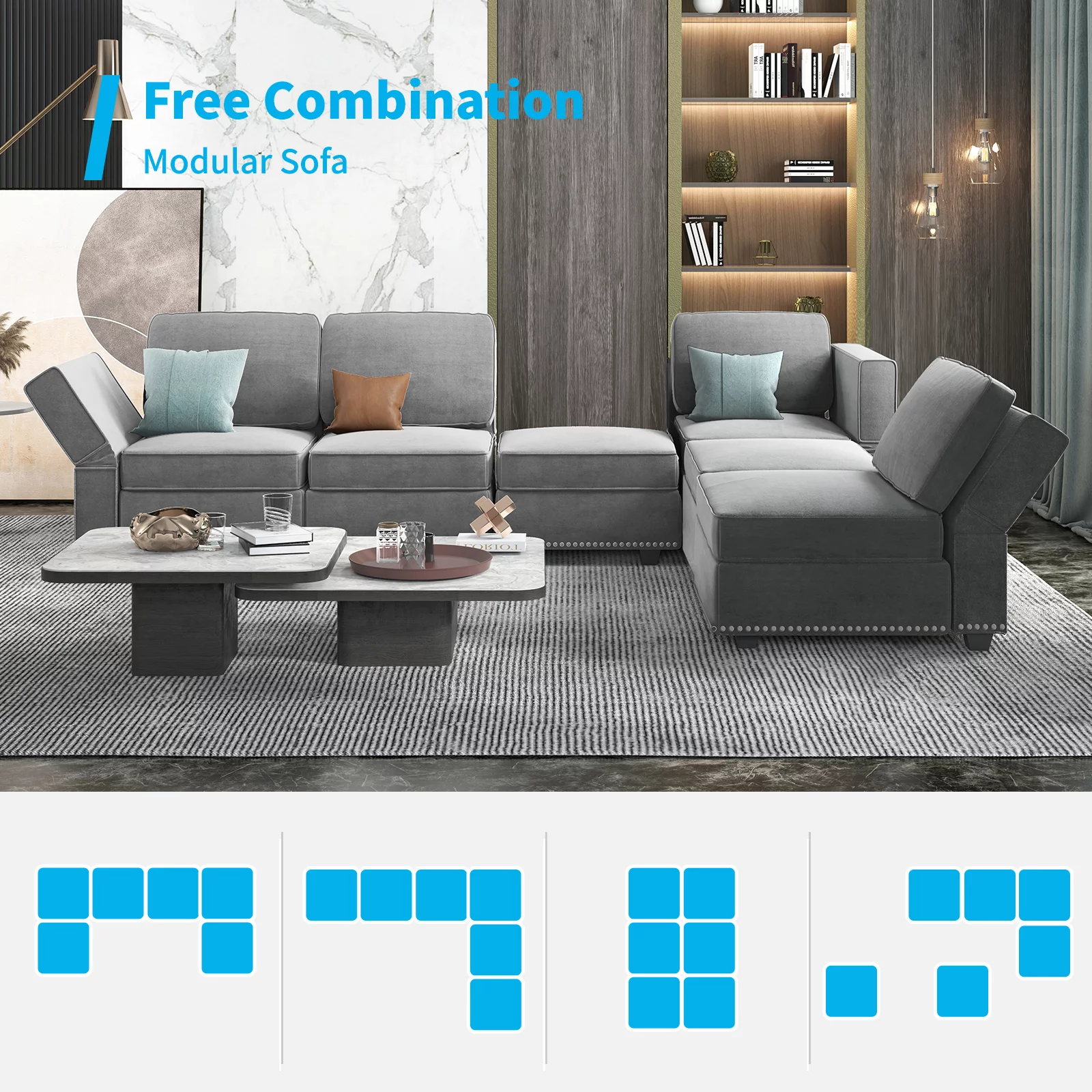 MUZZ Convertible Sectional Sofa Couch, U Shaped Sleeper Couch with Adjustable Back and Armrests & Storage Seats, Modular Sofa Couch with Convertible Chaise, Light Grey