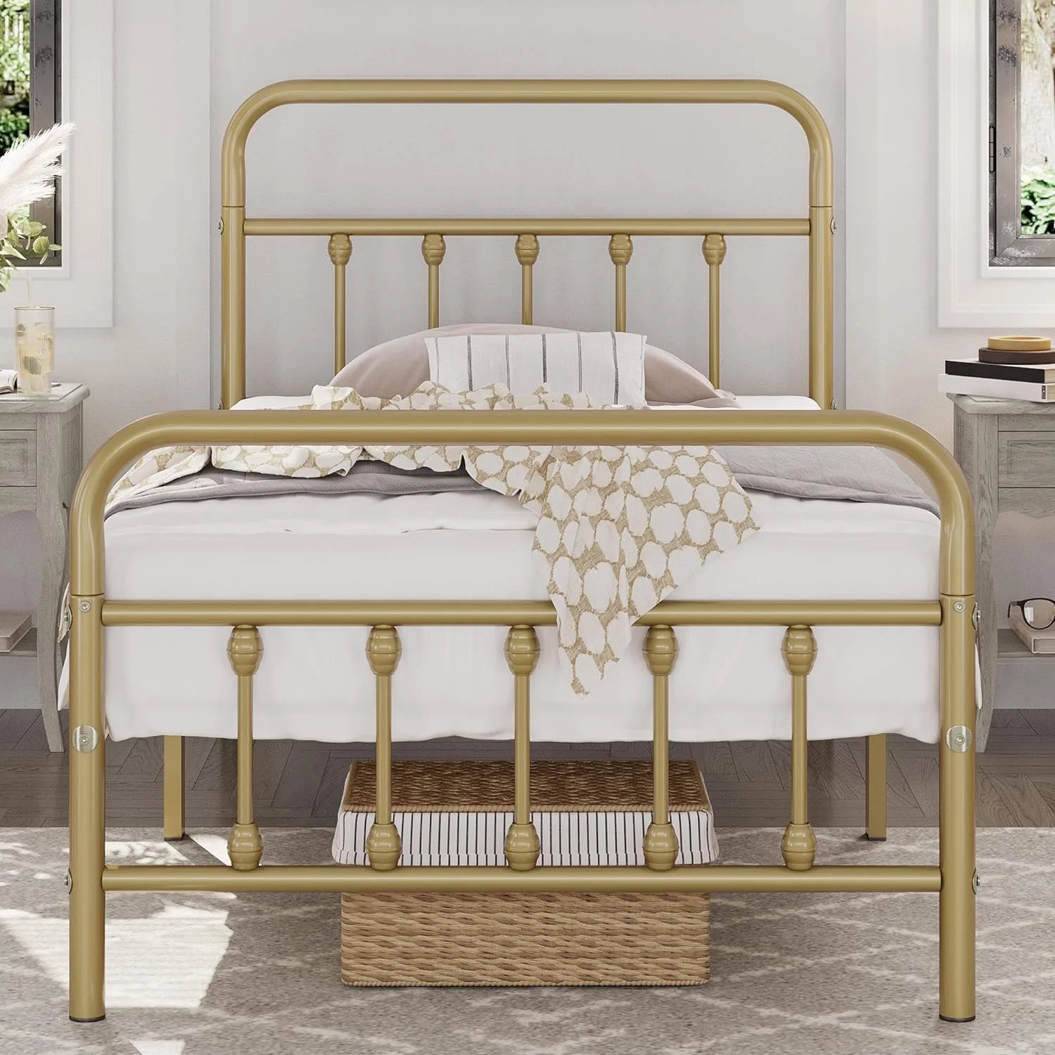 Classic Metal Platform Bed Frame Mattress Foundation with Victorian Style Iron-Art Headboard/Footboard/Under Bed Storage/No Box Spring Needed/Twin XL Size Antique Gold