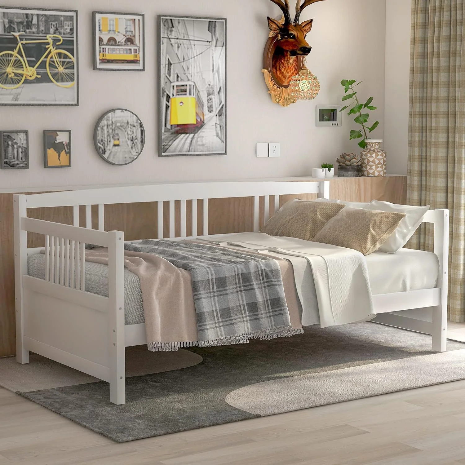 Modern Solid Wood Daybed, Multifunctional Sofa Bed,Twin Size Bed Frame, White