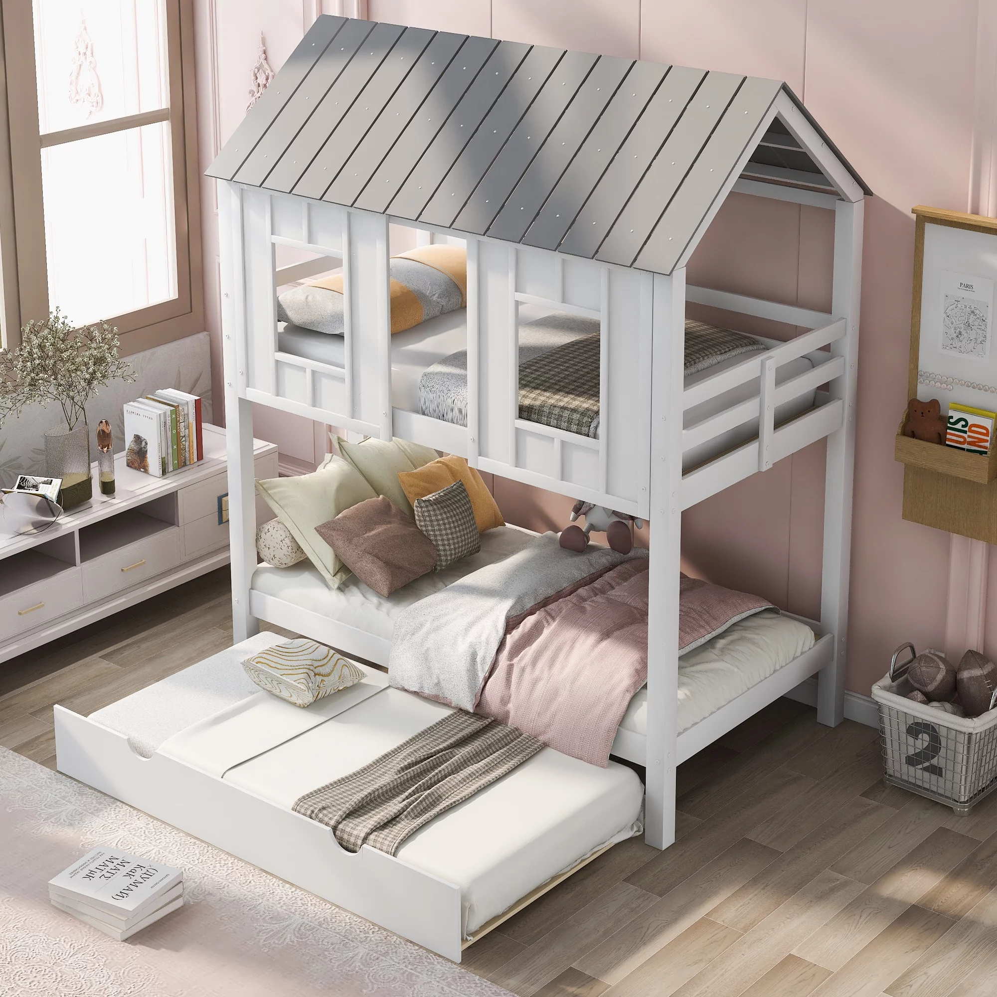Twin Over Twin House Shaped Solid Wood Bunk Bed with Roof, Window, Guardrail and Ladder for Kids, Teens, Girl or Boys Loft with Trundle