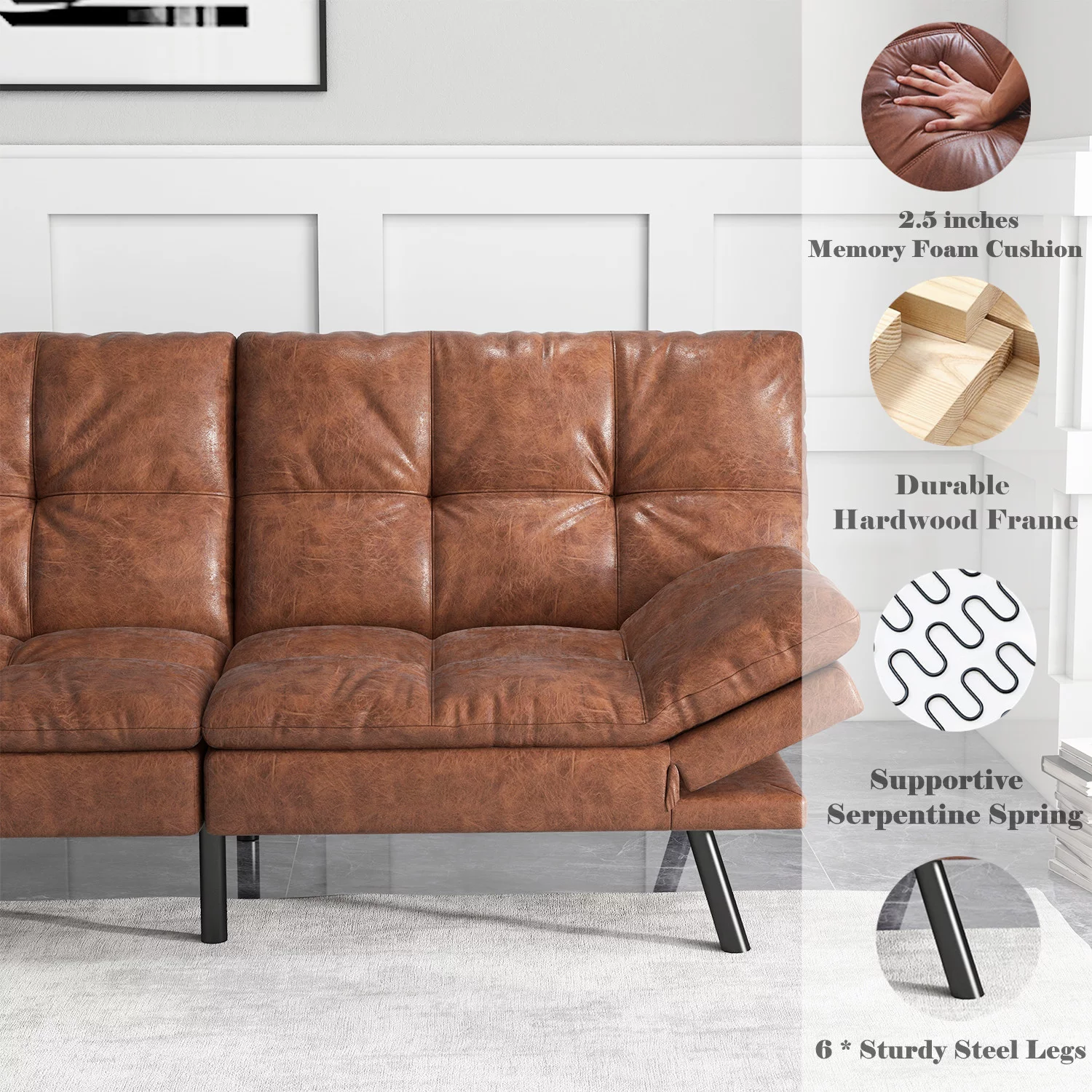 Smiaoer Faux Leather Futon Sofa Convertible Couch Memory Foam Sofa Bed,Brown