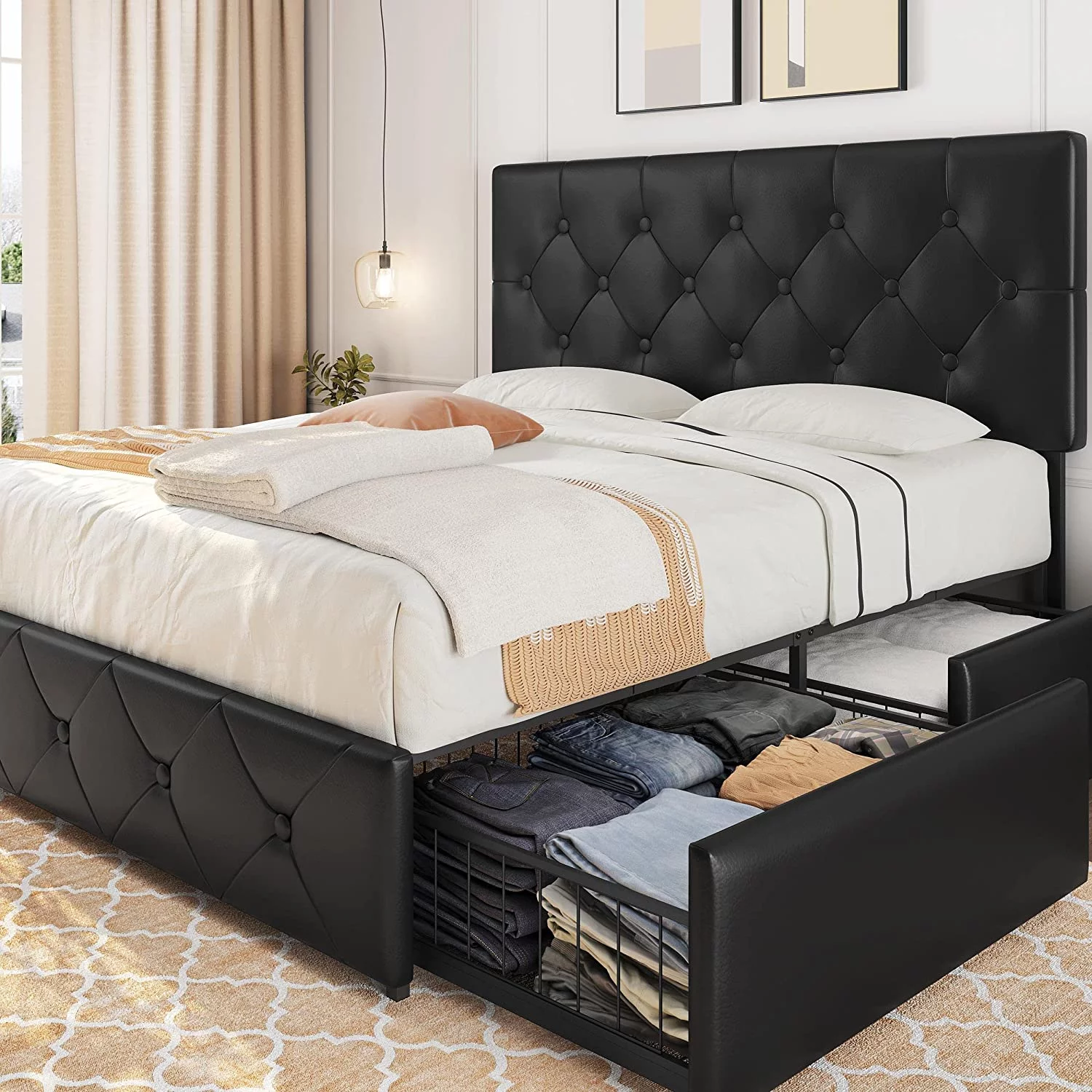 Yaheetech Queen Size Upholstered Bed Frame with 4 Drawers and Adjustable Headboard  Faux Leather Platform Bed with Mattress Foundation Strong Wooden Slats Support  No Box Spring Needed  B